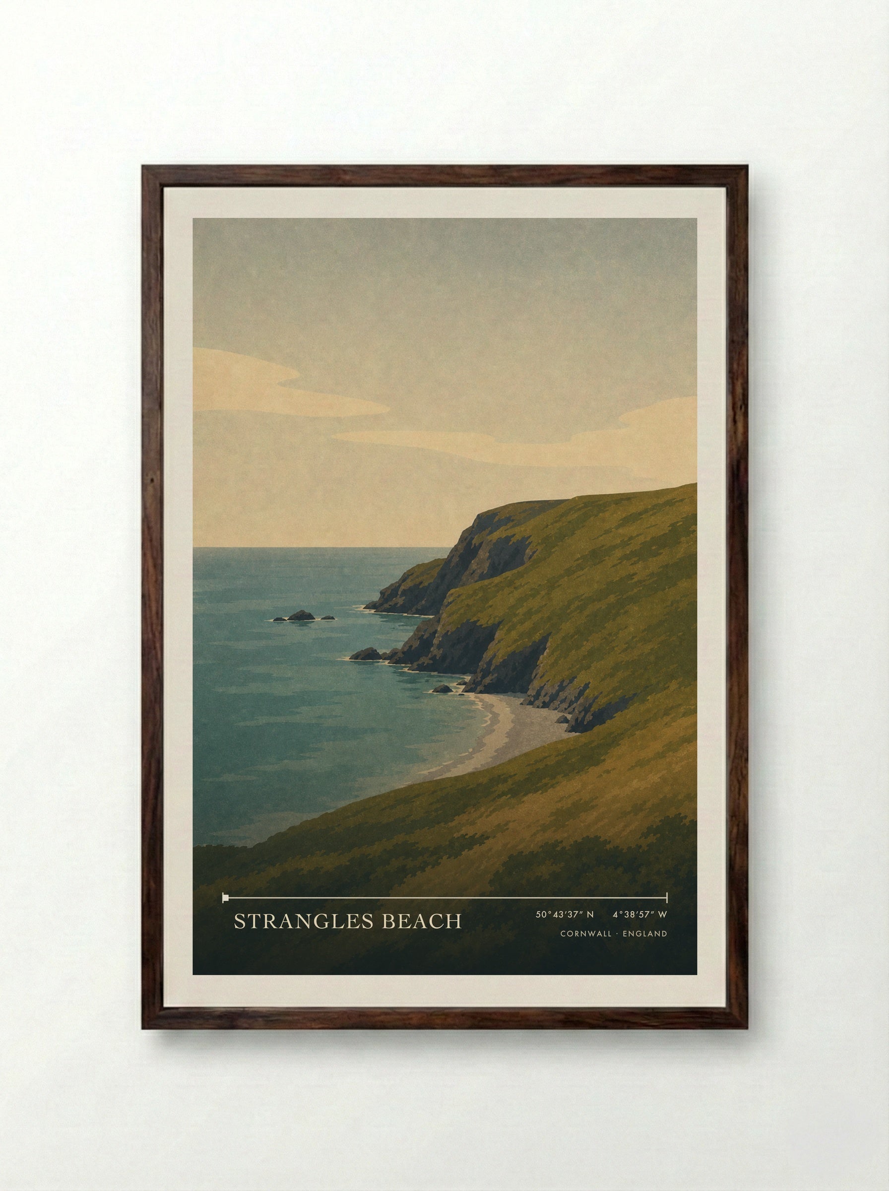 Strangles Beach Cornwall England Travel Poster - Framed Print Dark Wood