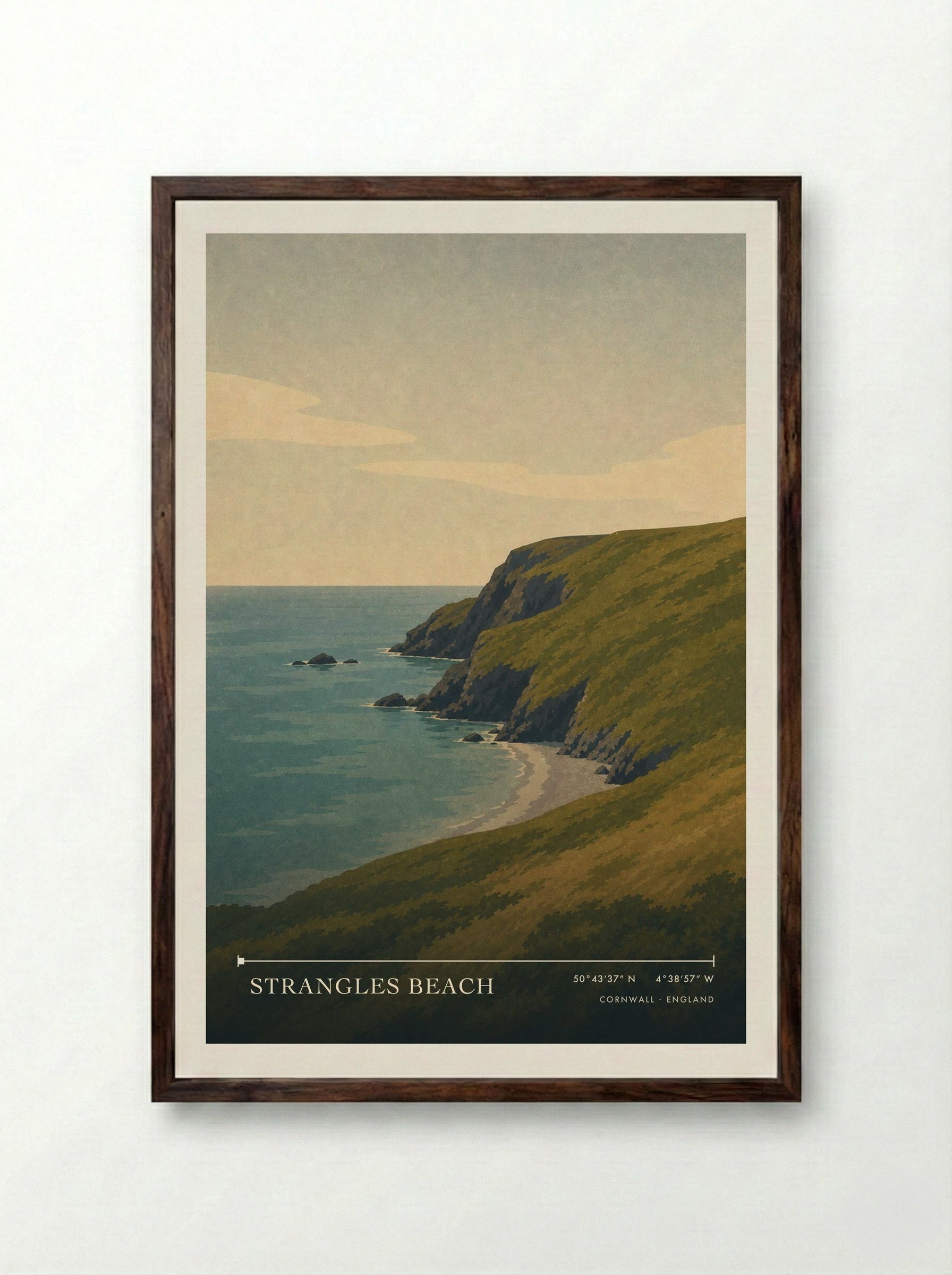 Strangles Beach Cornwall England Travel Poster - Framed Print Dark Wood