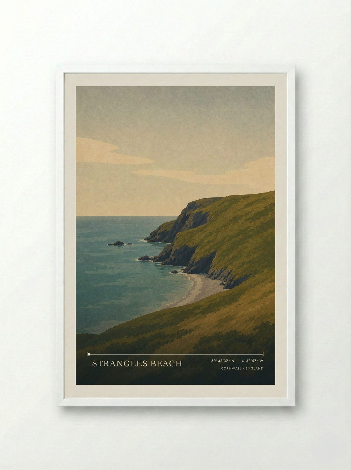 Strangles Beach Cornwall England Travel Poster - Framed Print White