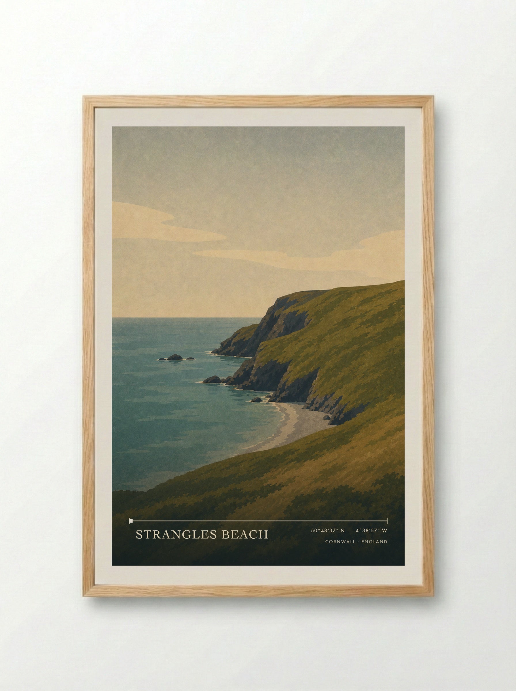 Strangles Beach Cornwall England Travel Poster - Framed Print Wood