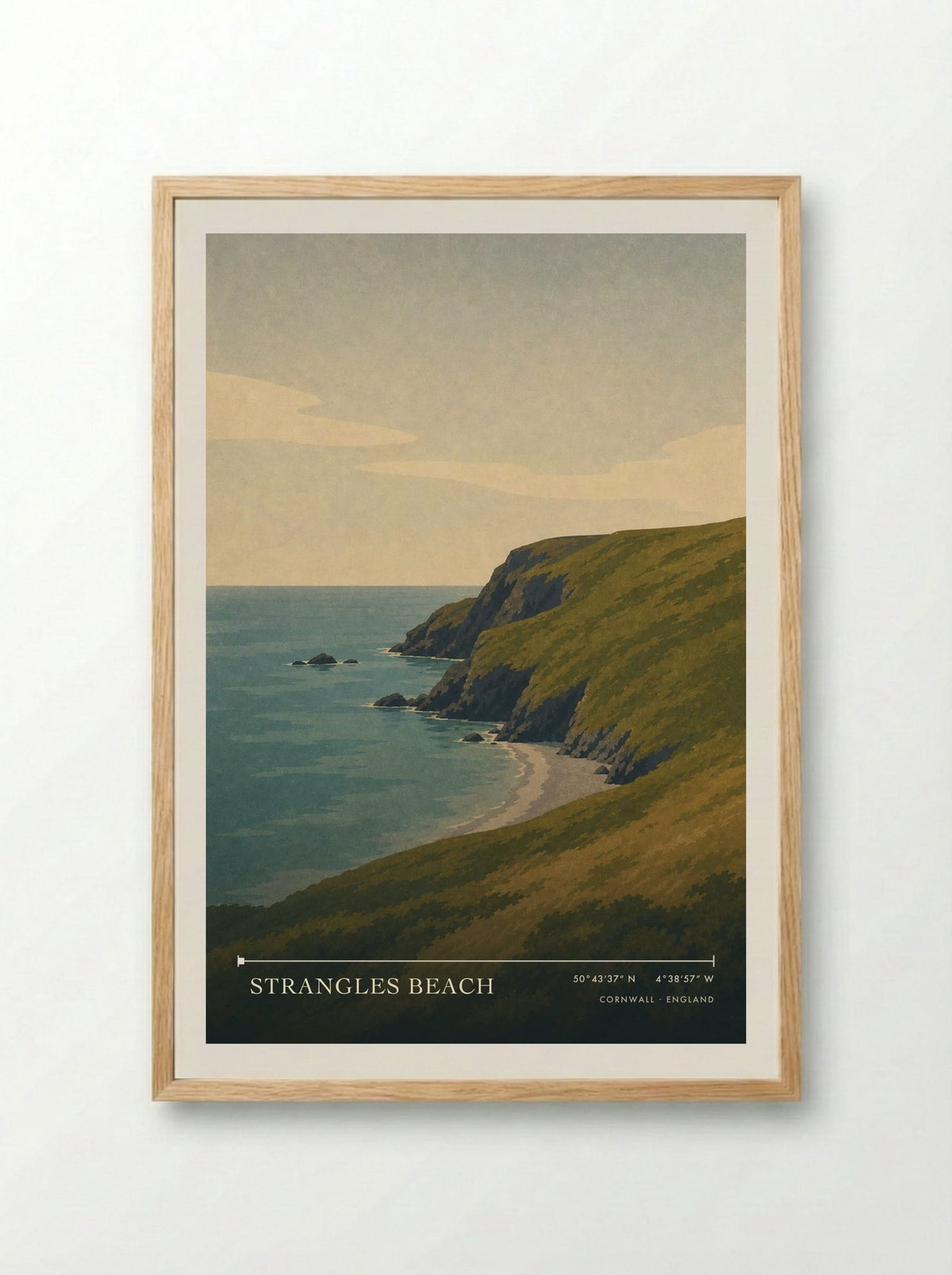 Strangles Beach Cornwall England Travel Poster - Framed Print Wood