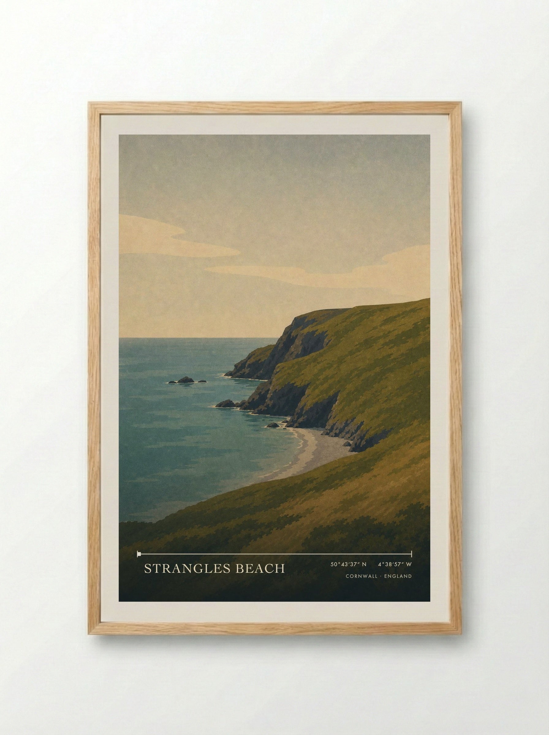 Strangles Beach Cornwall England Travel Poster - Framed Print Wood