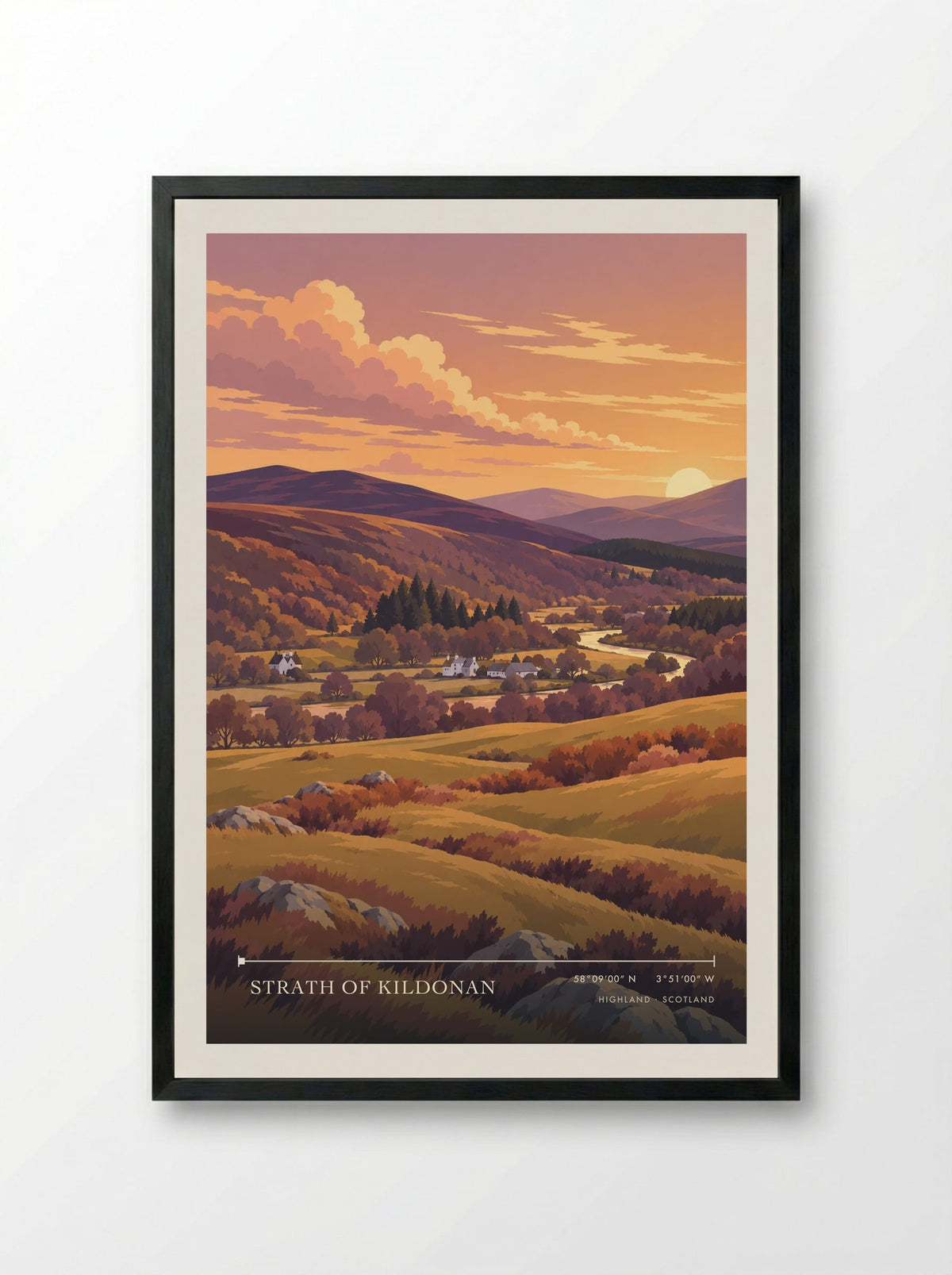 Strath of Kildonan, Highland | Travel Poster - Framed Print Black