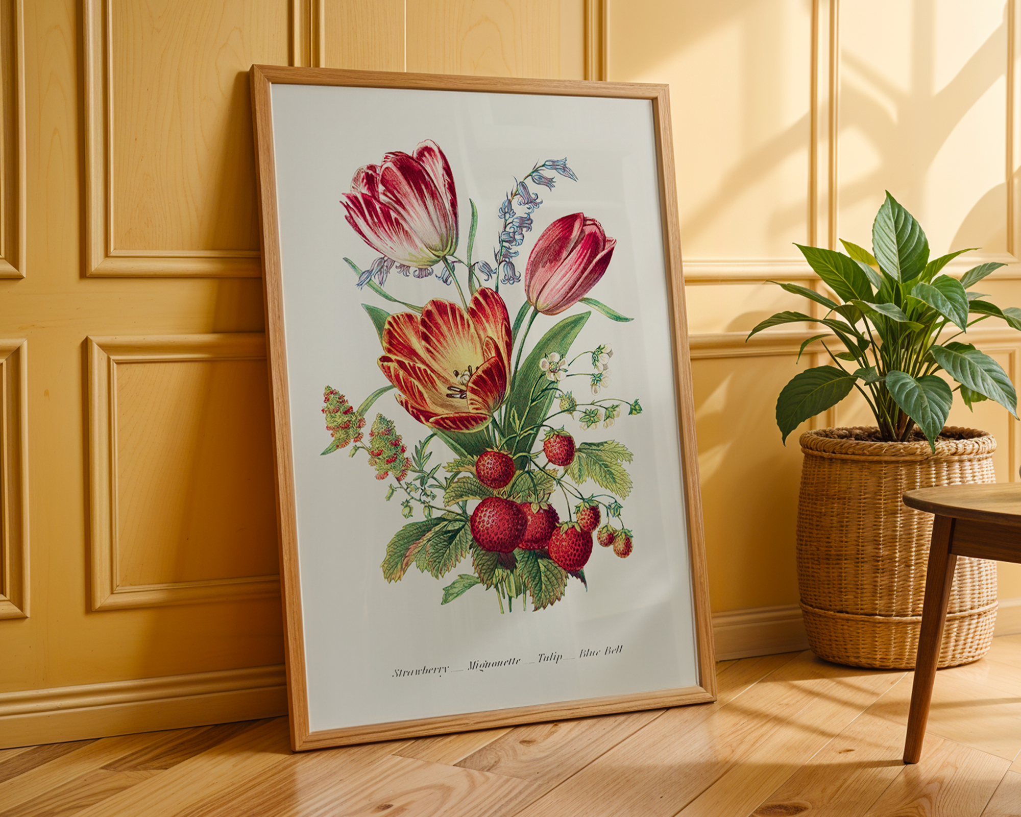 Strawberry,-Mignonette,-Tulip,-and-Blue-Bell-and-from-The-Language-of-Flowers,-or,-Floral-Emblems-of-Thoughts,-Feelings,-and-Sentiments-(1896)-by-Robert-Tyas mockup