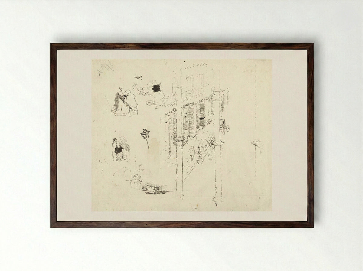 Street Scene with Groups of Women - Daniel Urrabieta Vierge - Framed Print Dark Wood