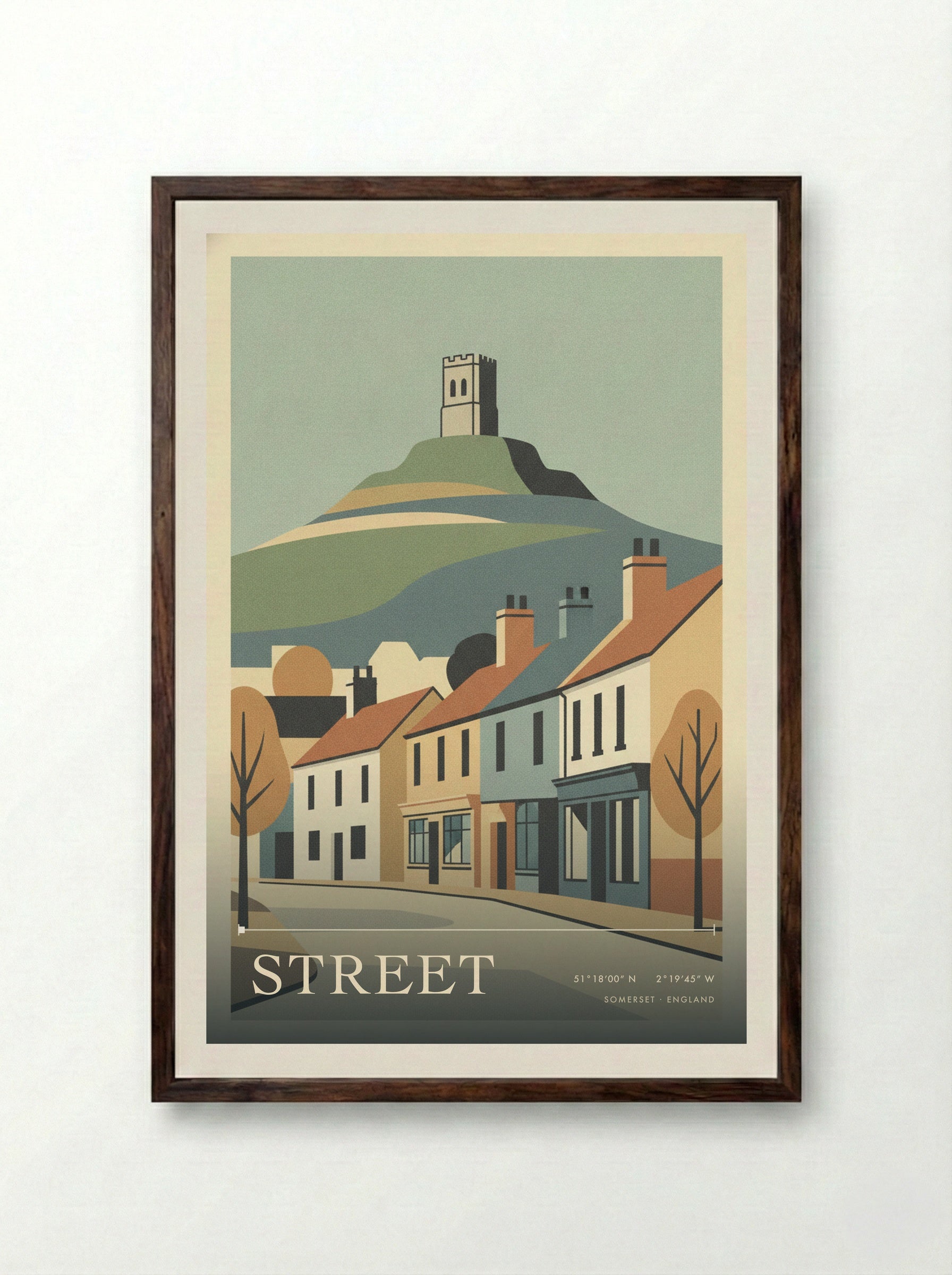 Street Somerset England Travel Poster - Framed Print Dark Wood