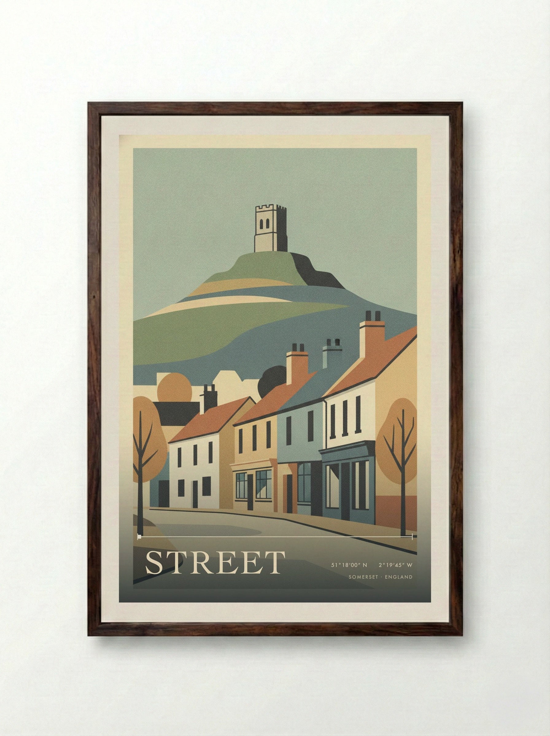 Street Somerset England Travel Poster - Framed Print Dark Wood