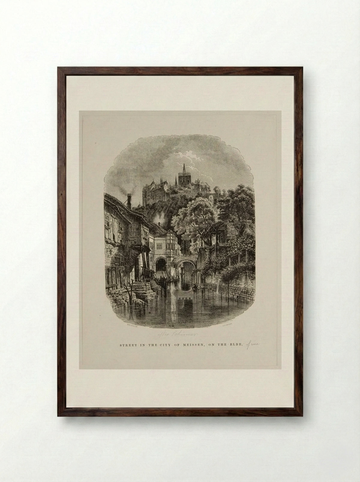 Street in the City of Meissen, on the Elbe - J. Quartley - Framed Print Dark Wood