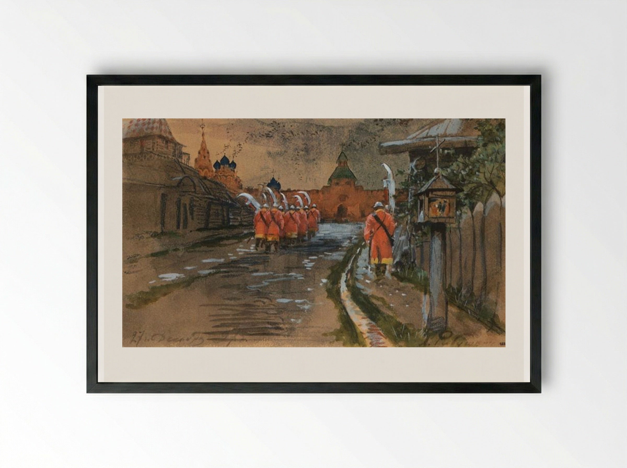 Strelets Patrol at Ilyinskie Gates in Old Moscow - Andrei Ryabushkin - Framed Print Black