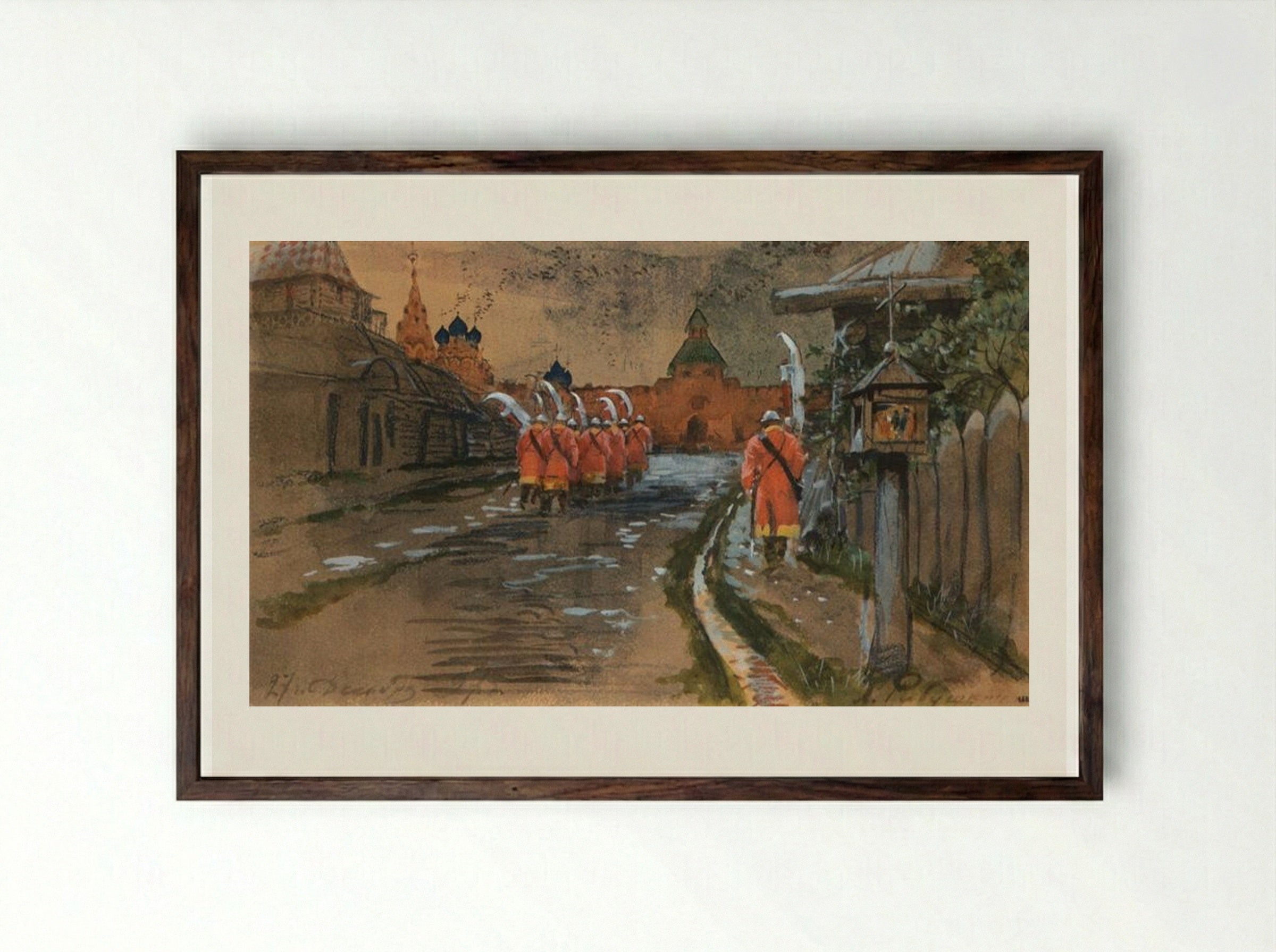 Strelets Patrol at Ilyinskie Gates in Old Moscow - Andrei Ryabushkin - Framed Print Dark Wood