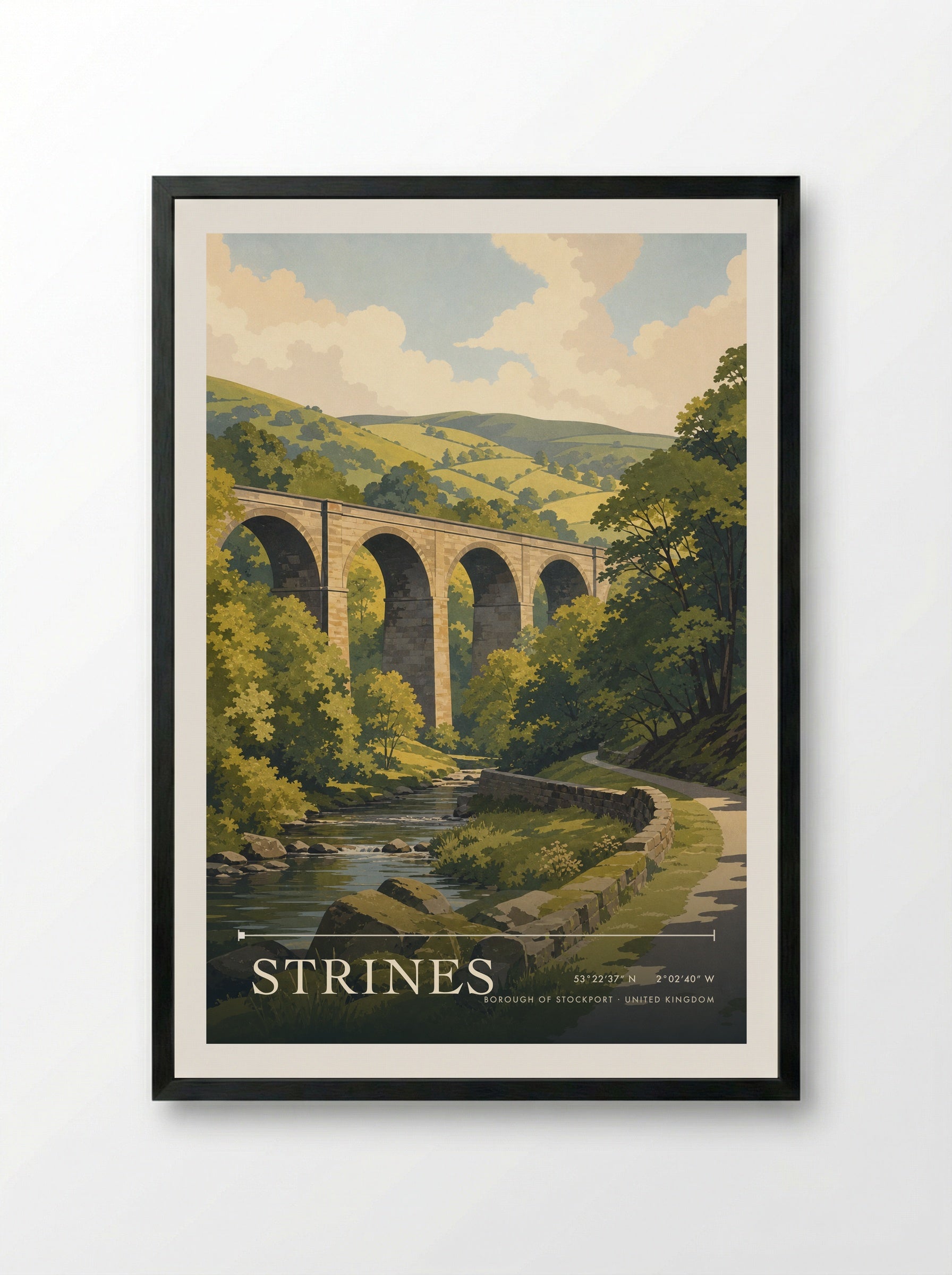 Strines Borough of Stockport United Kingdom Travel Poster - Framed Print Black