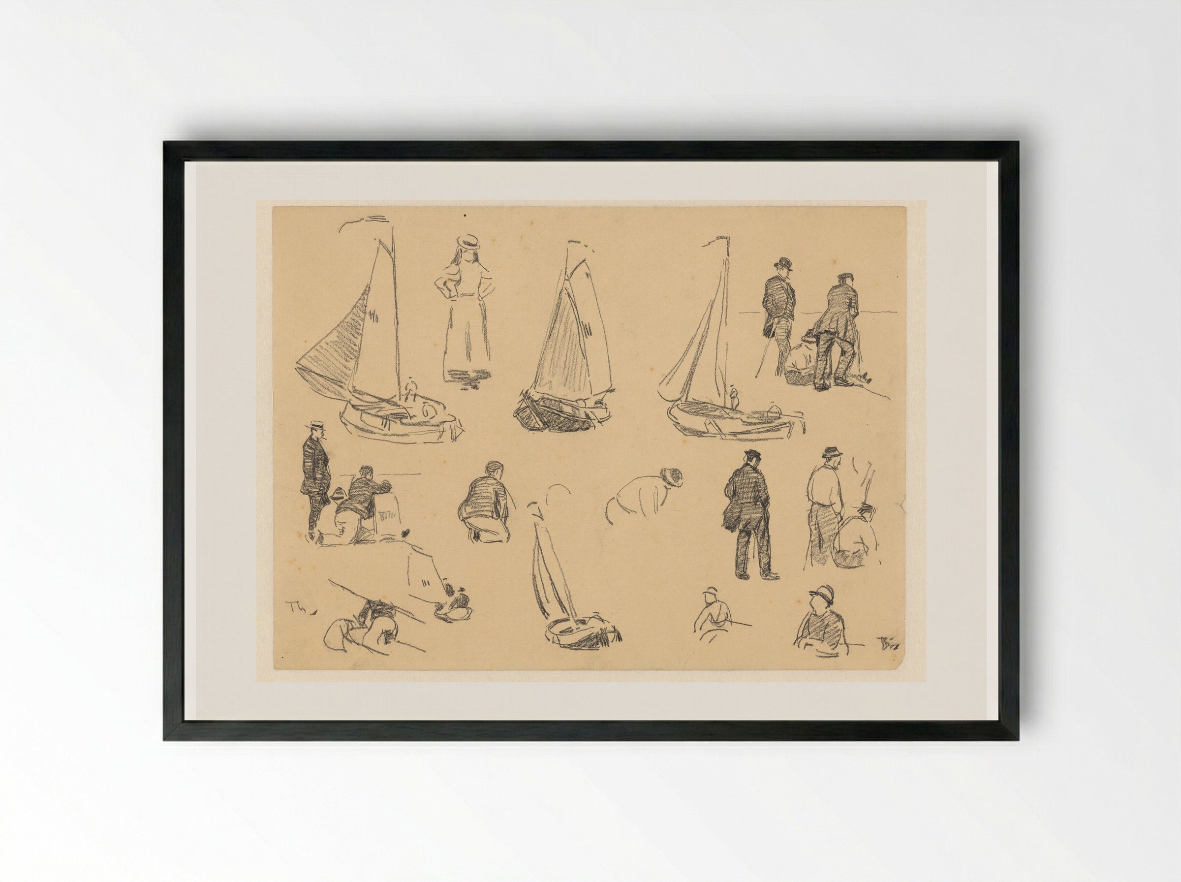 Studieblad met diverse figuurstudies en vissersboten - Willem Bastiaan Tholen - Framed Print Black