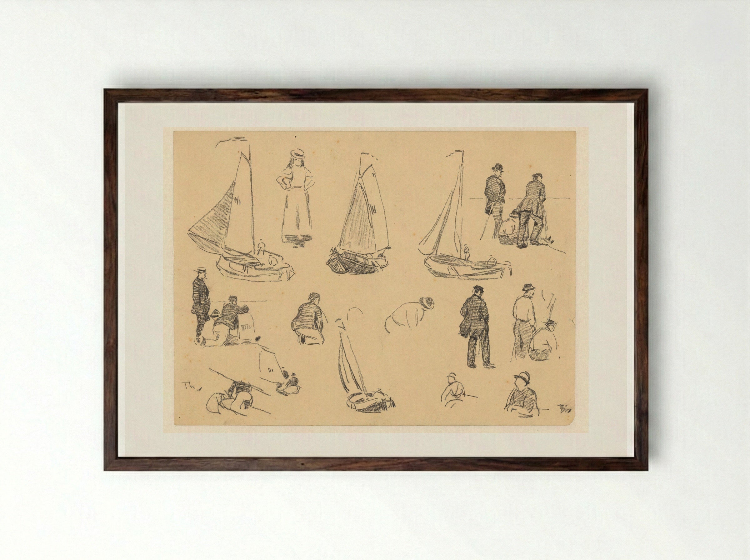 Studieblad met diverse figuurstudies en vissersboten - Willem Bastiaan Tholen - Framed Print Dark Wood