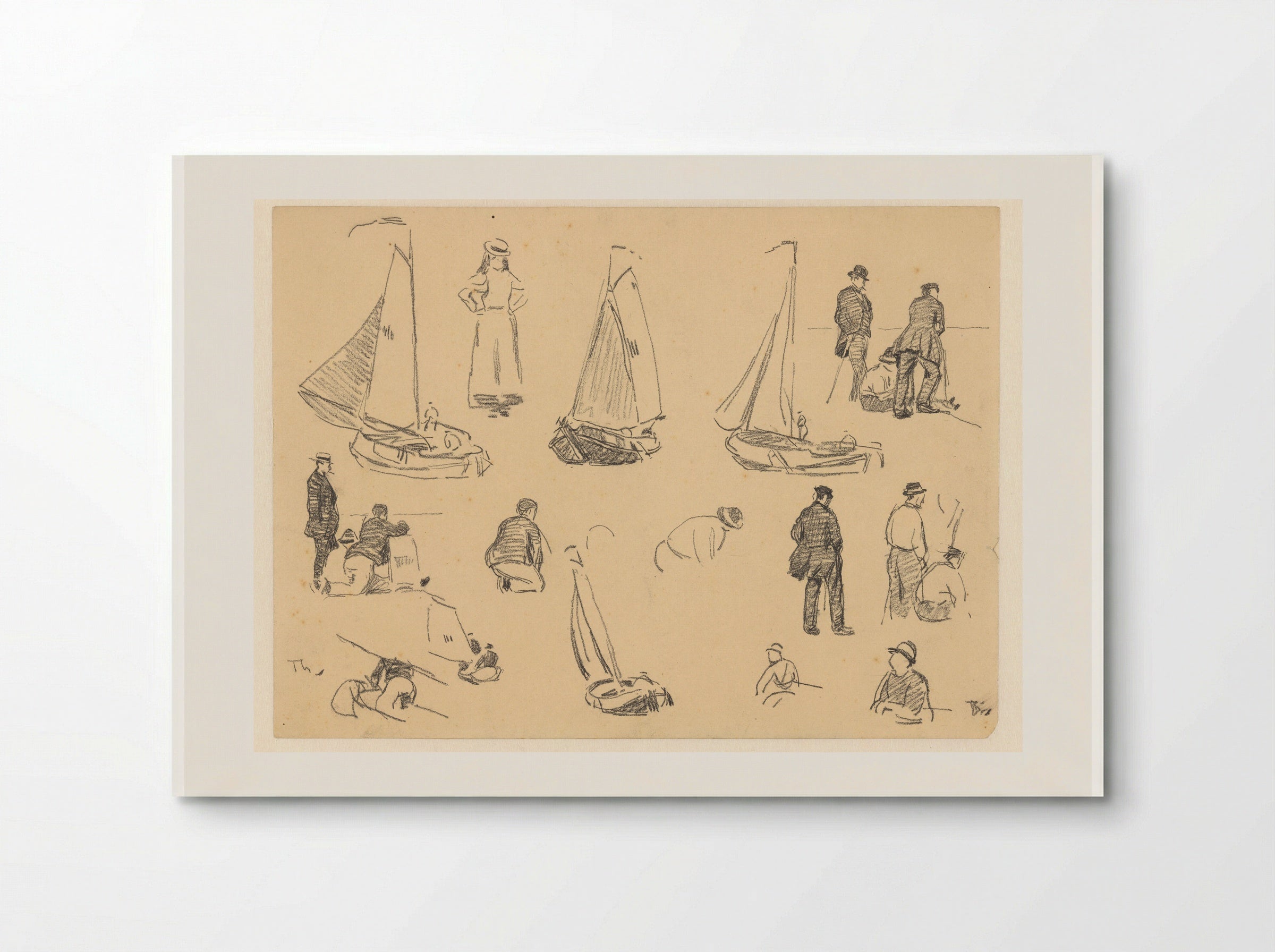 Studieblad met diverse figuurstudies en vissersboten - Willem Bastiaan Tholen - Poster