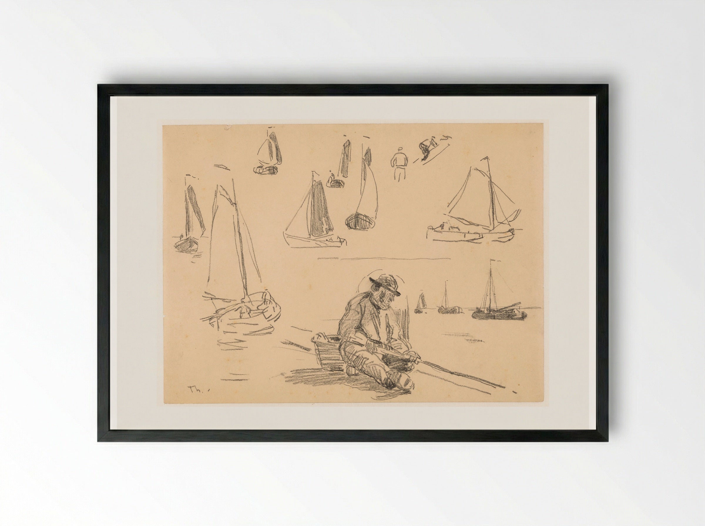 Studieblad met diverse zeilschepen en een visser - Willem Bastiaan Tholen - Framed Print Black