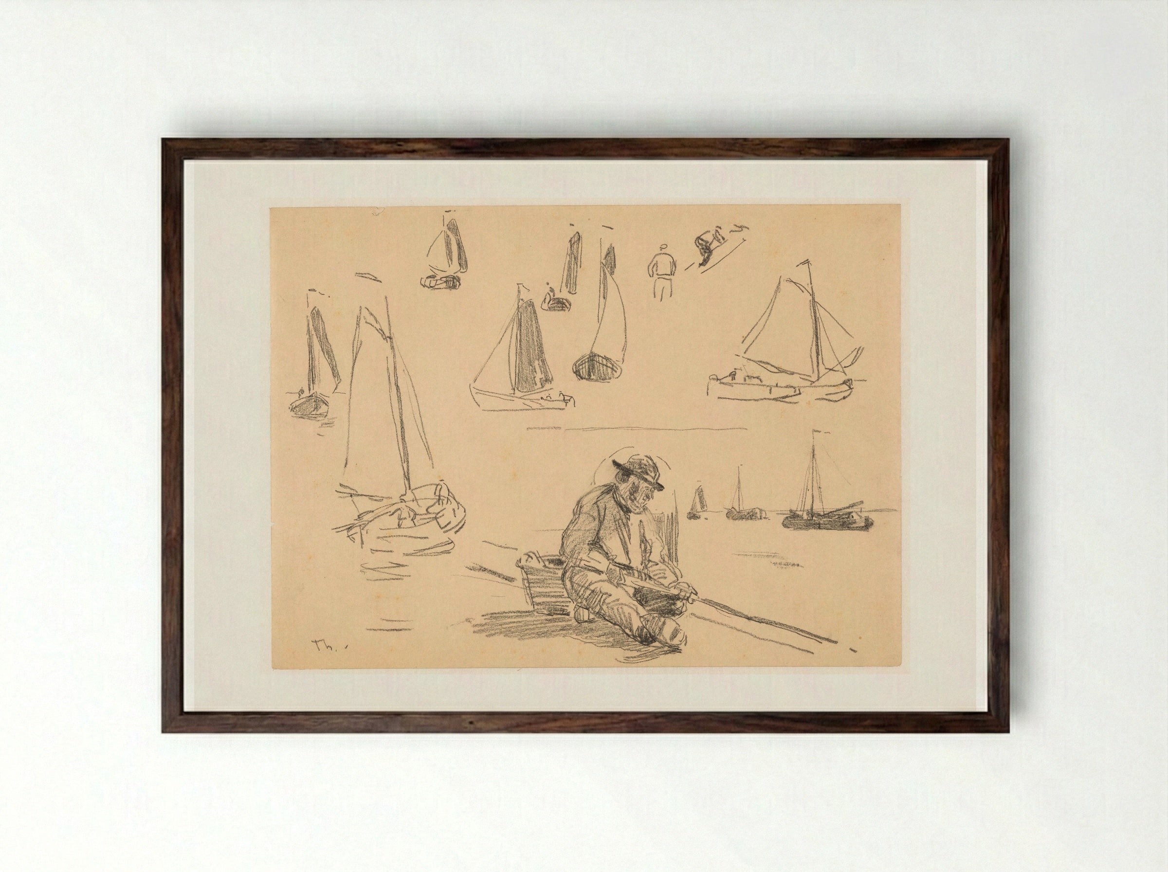 Studieblad met diverse zeilschepen en een visser - Willem Bastiaan Tholen - Framed Print Dark Wood
