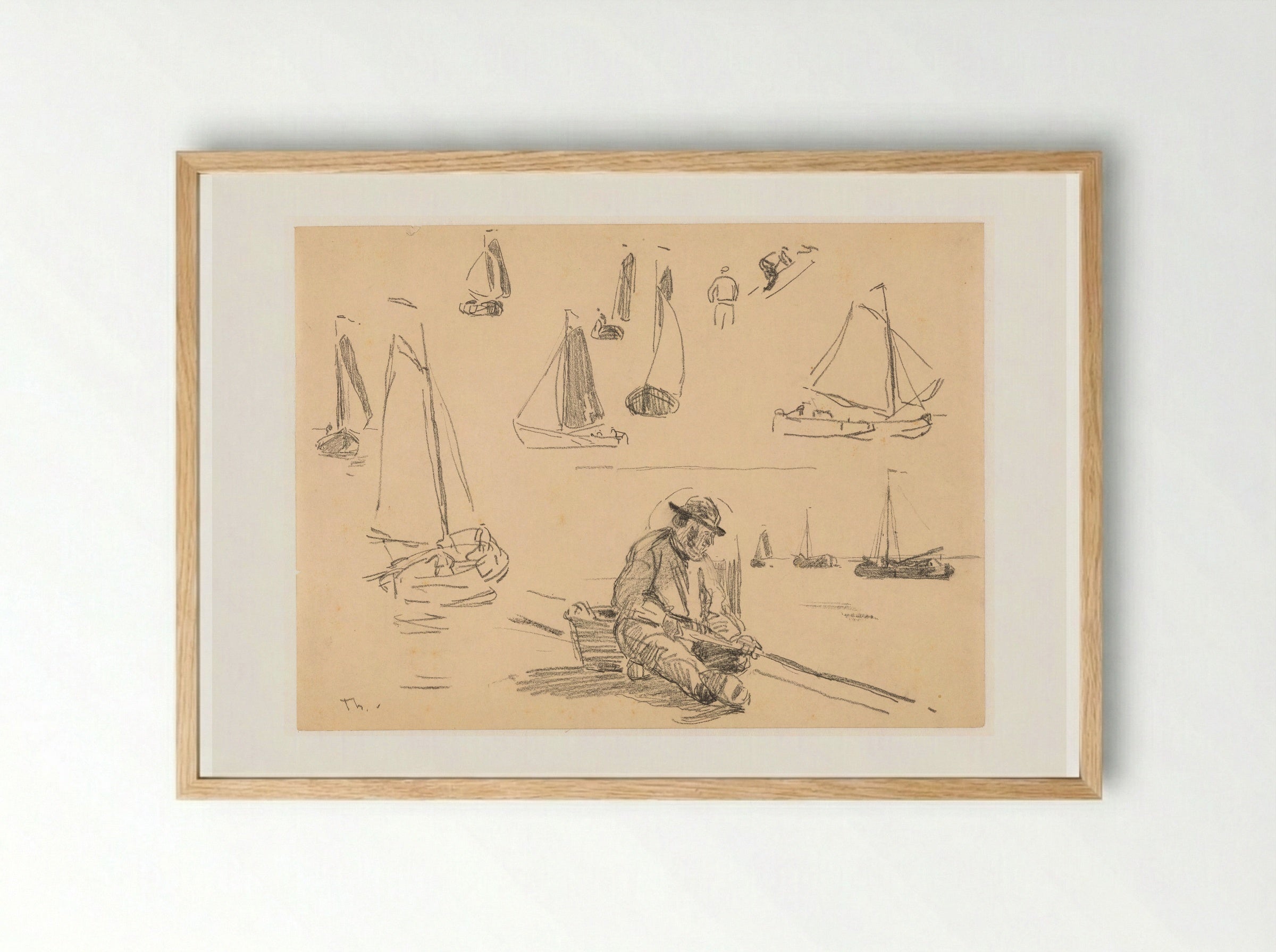 Studieblad met diverse zeilschepen en een visser - Willem Bastiaan Tholen - Framed Print Wood