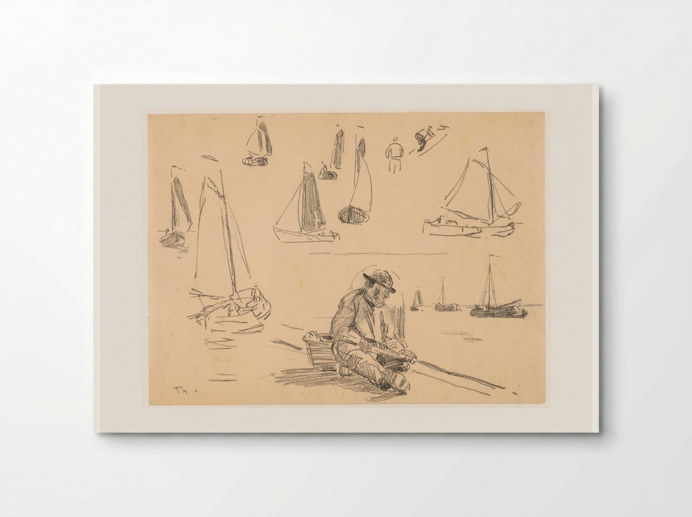 Studieblad met diverse zeilschepen en een visser - Willem Bastiaan Tholen - Poster