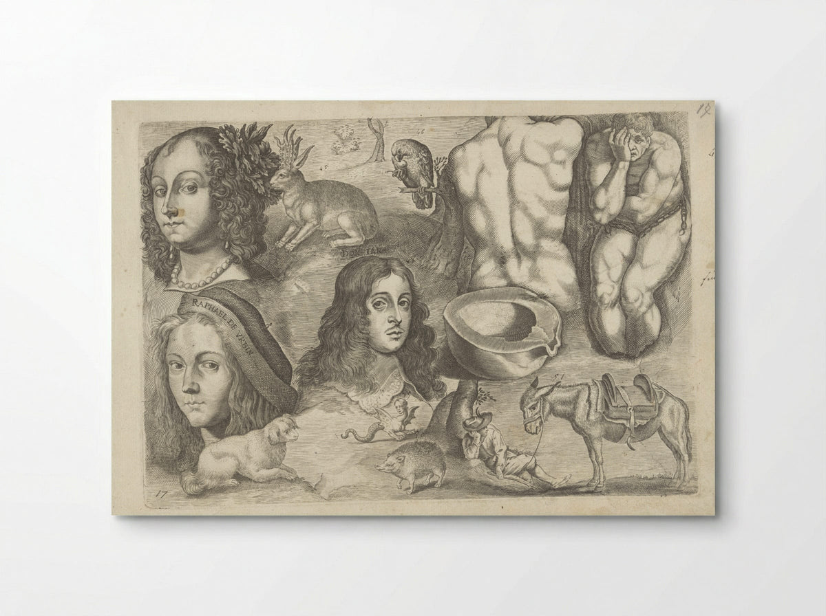 Studieblad met tekenvoorbeelden: koppen, dieren, figuren - Michael Snijders - Poster