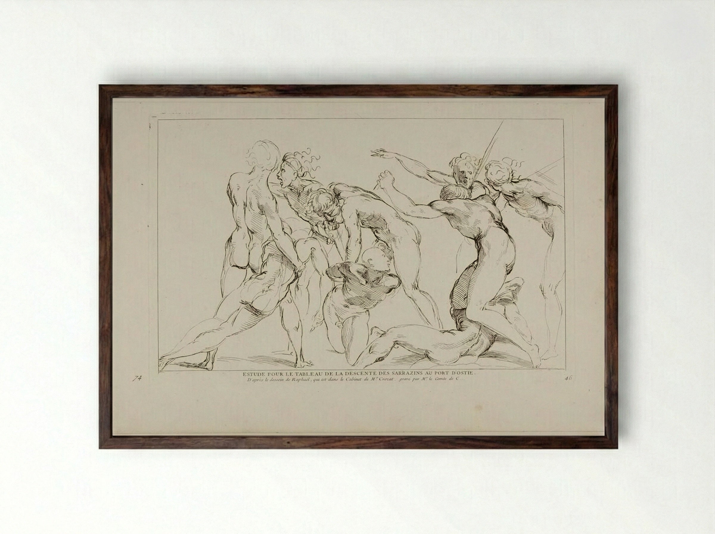 Studies for the Painting of The Descent of the Sarrazins at the Port of Ostie - Anne Claude de Thubières, comte de Caylus - Framed Print Dark Wood