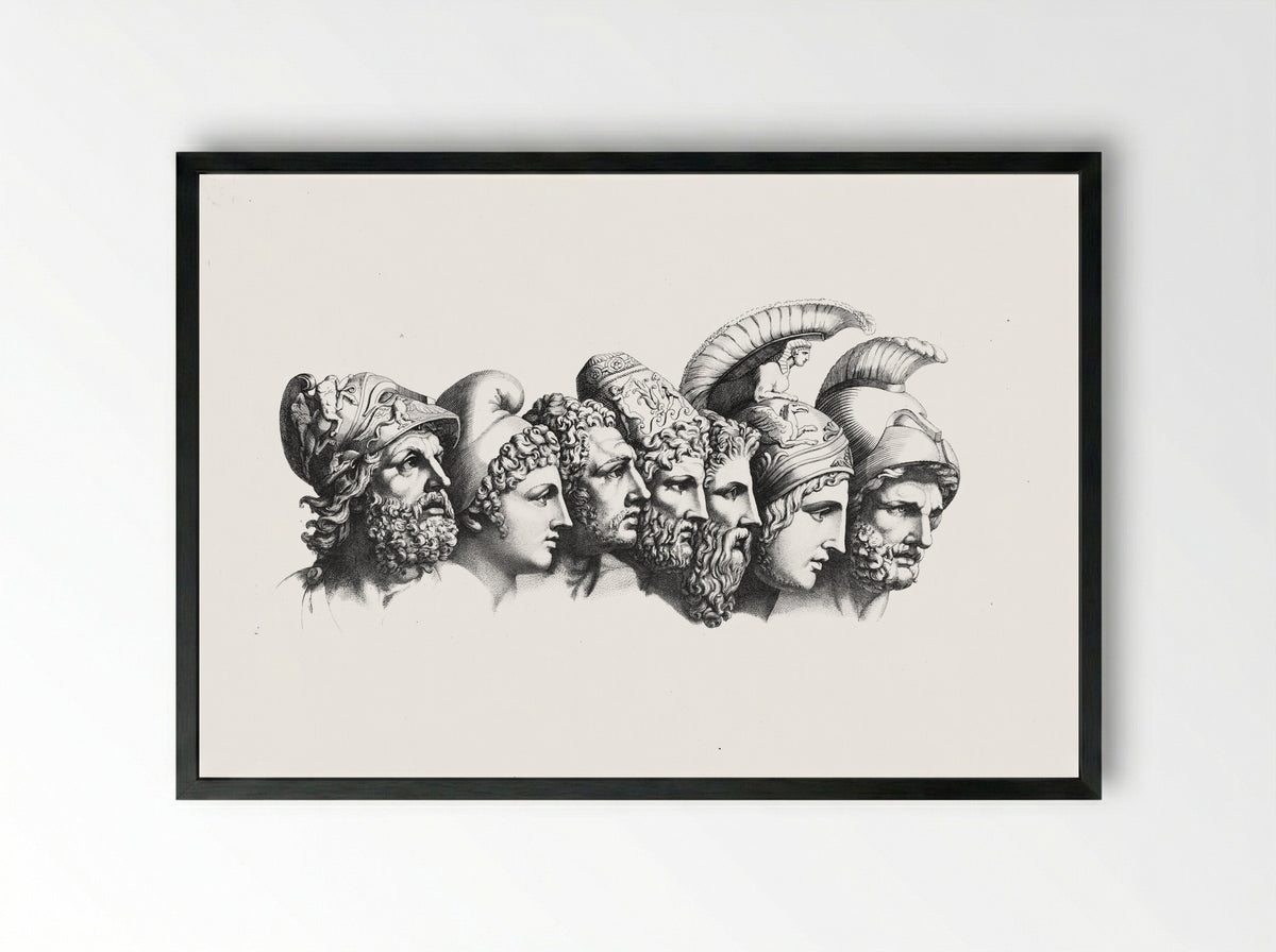 Studies of Antique Helmeted Heads - Johann Heinrich Wilhelm Tischbein - Framed Print Black