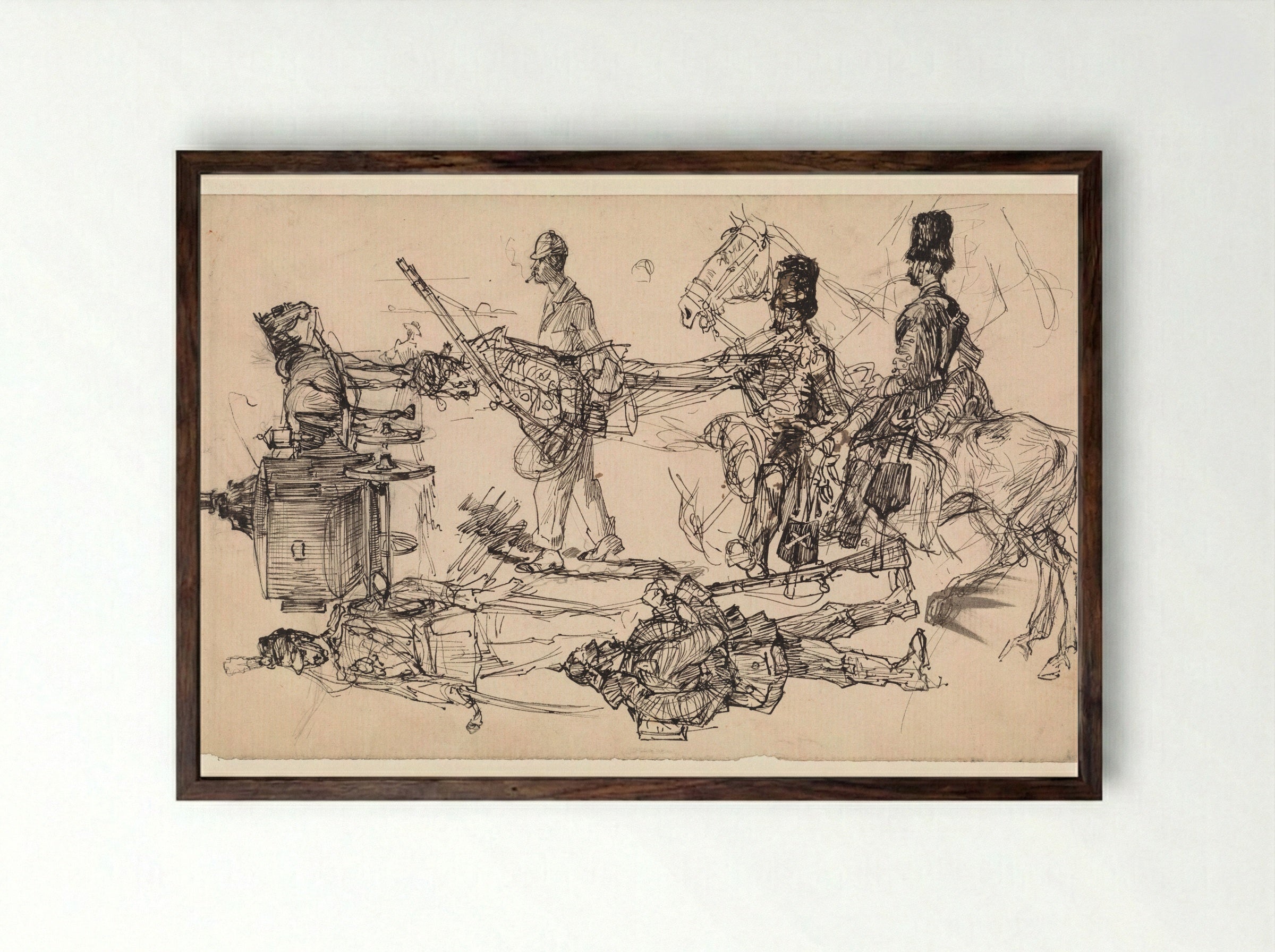 Studies of Hussars and a Carriage - Edzard Koning - Framed Print Dark Wood