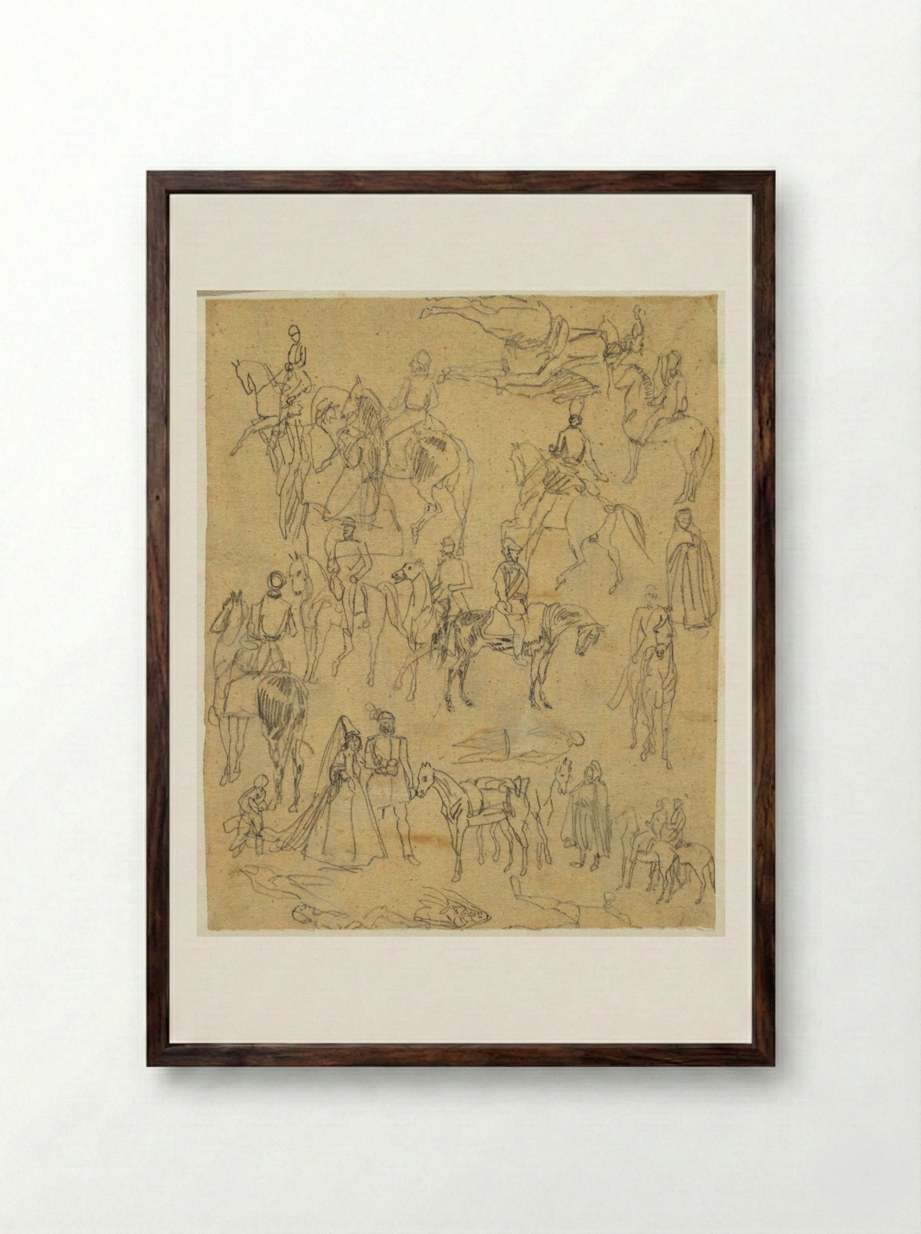 Studies of Soldiers, Couple Walking - Rodolphe Bresdin - Framed Print Dark Wood