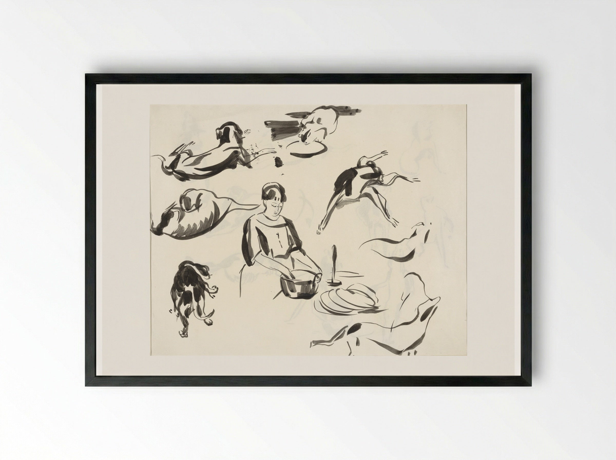 Studies of a Dog, a Cat, and a Woman at the Kitchen Counter - Rik Wouters - Framed Print Black
