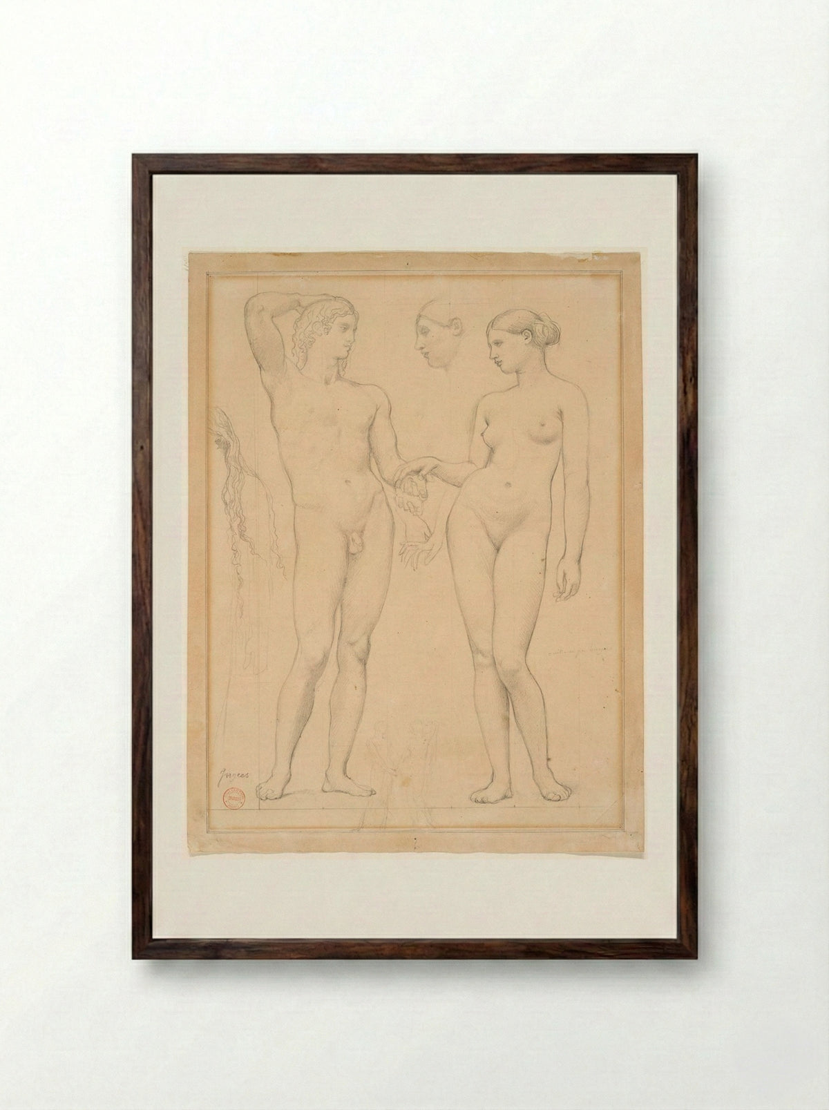 Studies of a Man and a Woman for The Golden Age - Jean-Auguste-Dominique Ingres - Framed Print Dark Wood