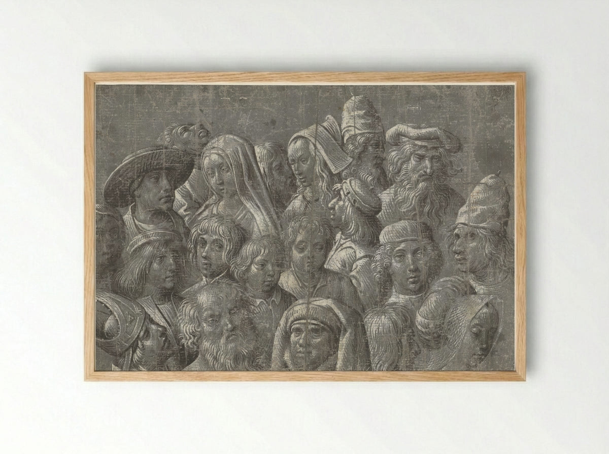 Studies van hoofden van mannen, vrouwen en kinderen - Meester van de Dood van Absalom - Framed Print Wood