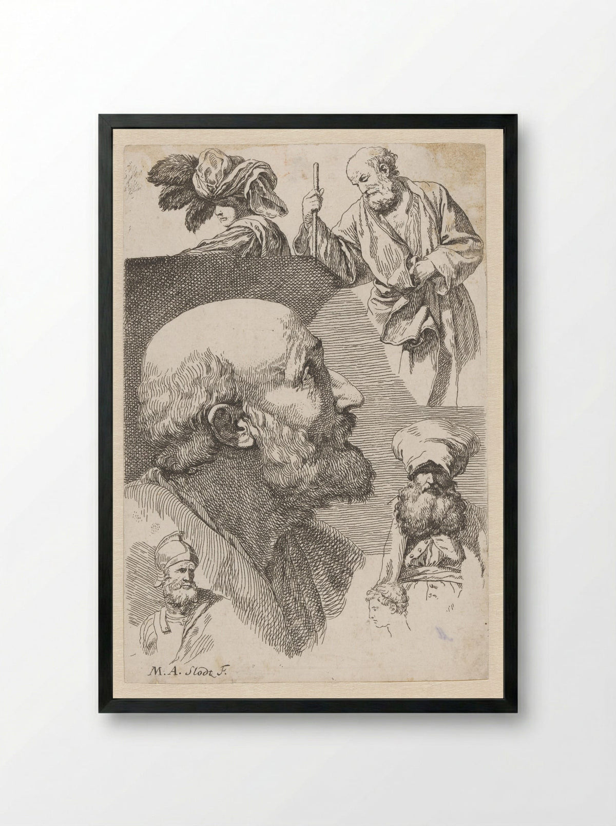 Studies van verschillende figuren en hoofden - René Michel Slodtz - Framed Print Black