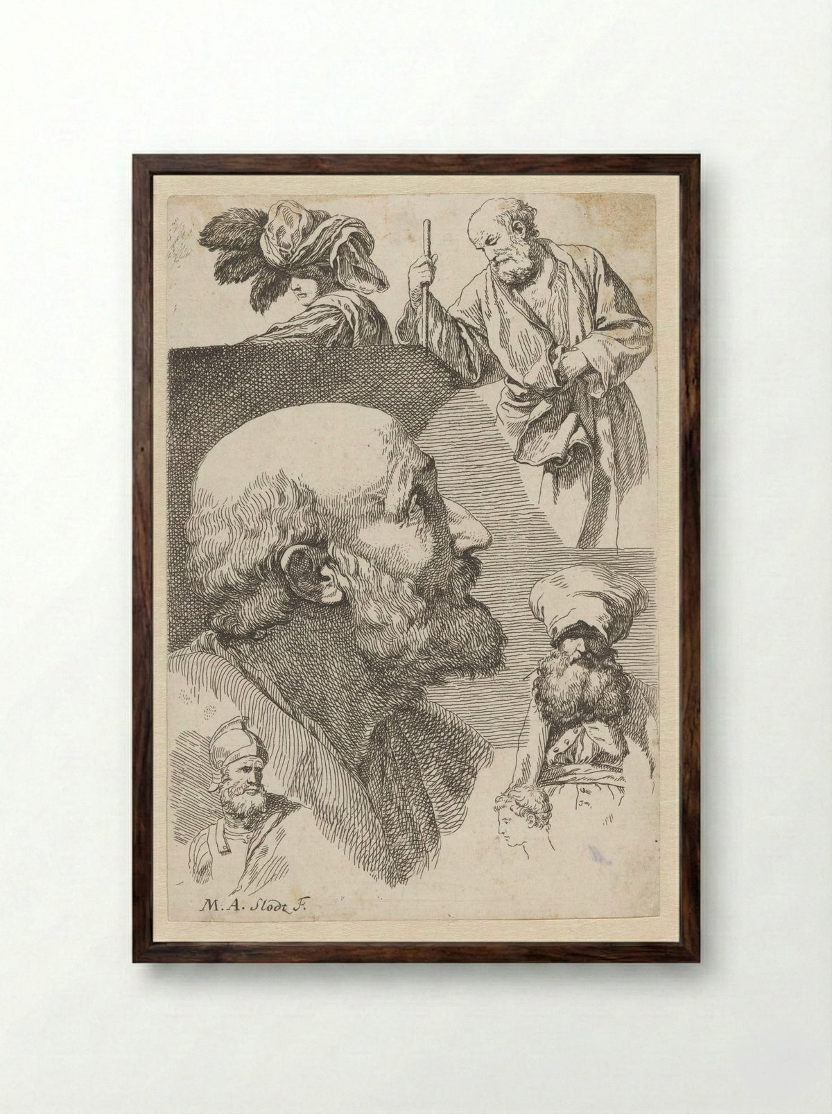 Studies van verschillende figuren en hoofden - René Michel Slodtz - Framed Print Dark Wood