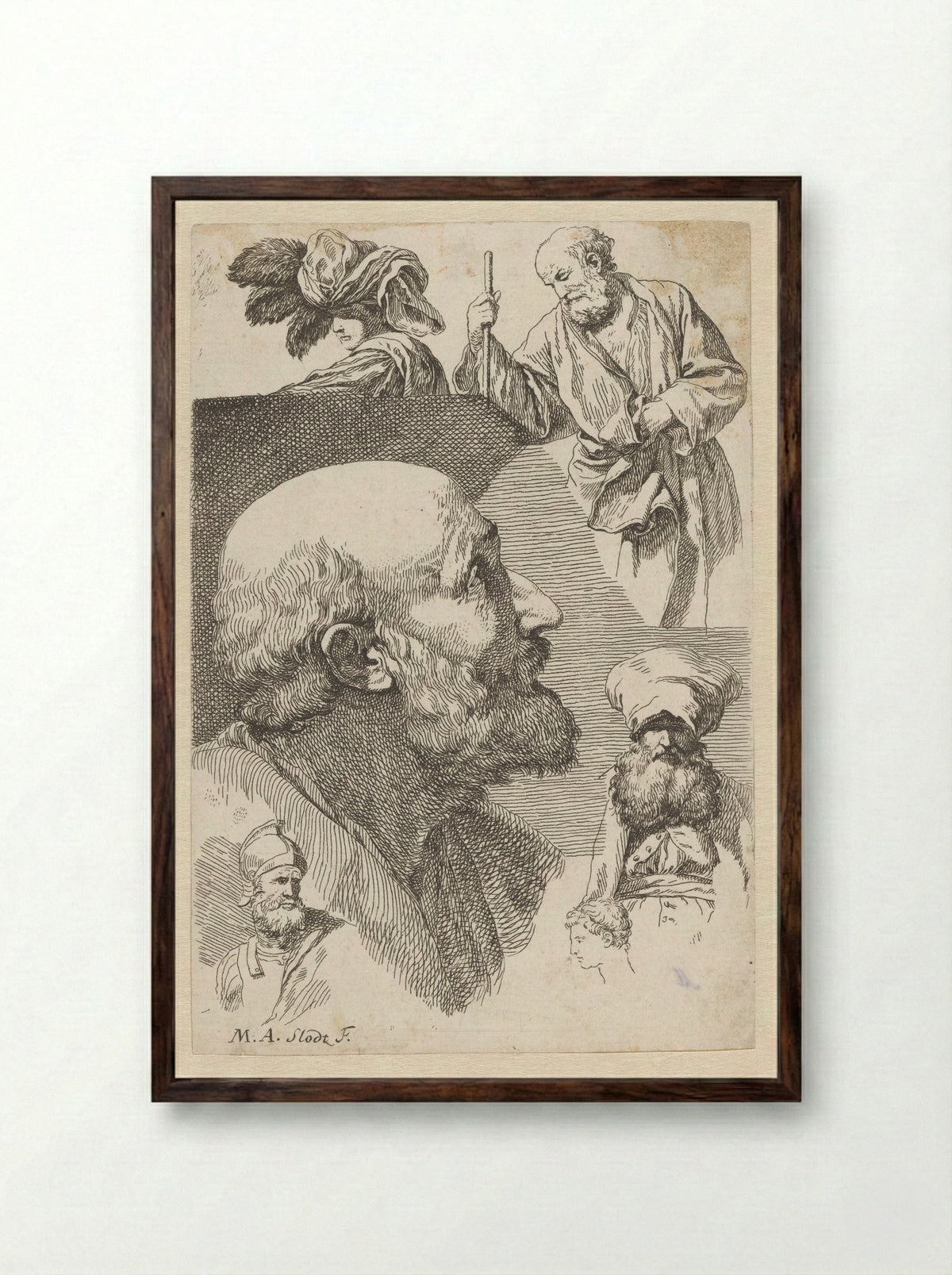 Studies van verschillende figuren en hoofden - René Michel Slodtz - Framed Print Dark Wood