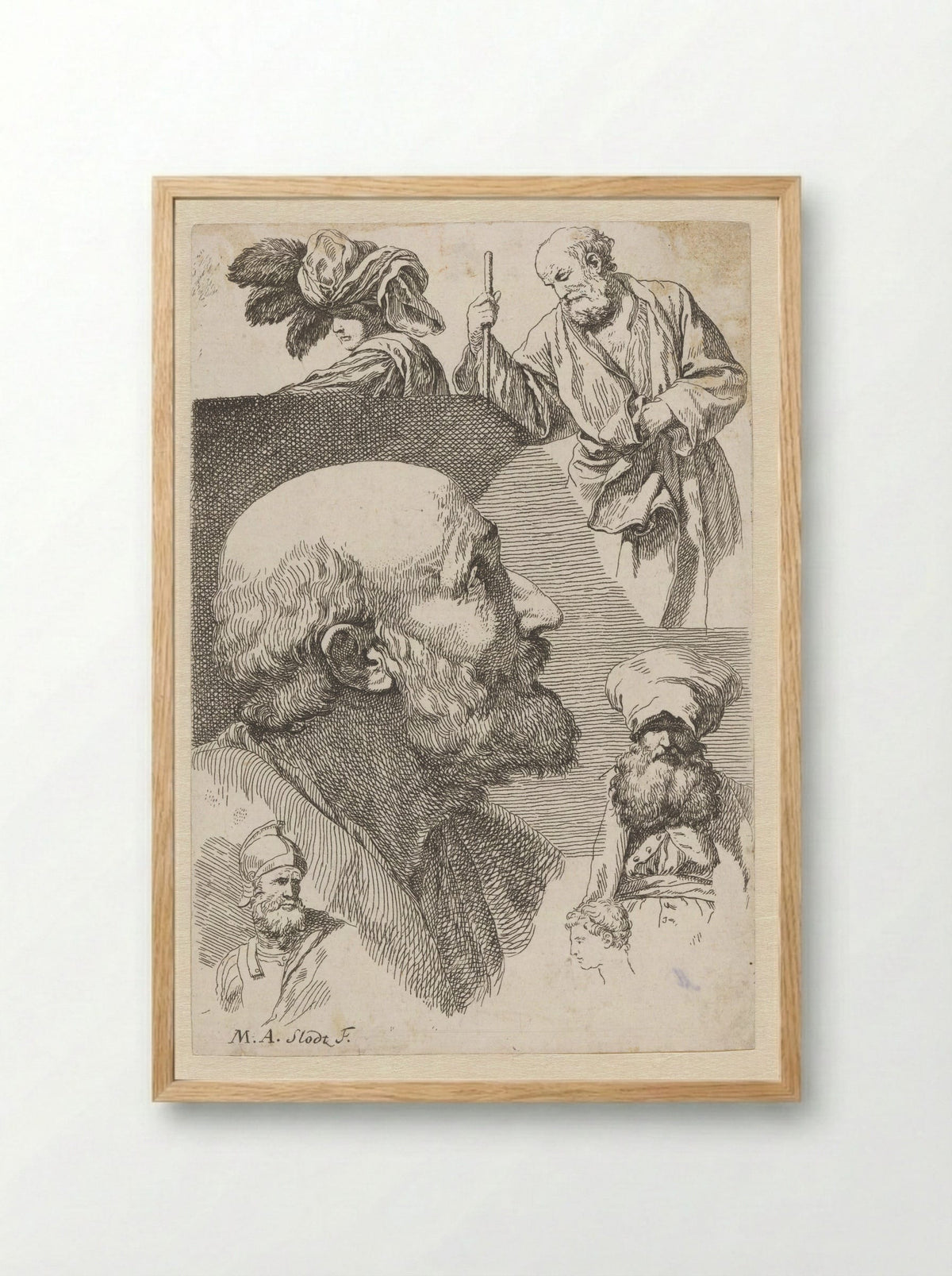 Studies van verschillende figuren en hoofden - René Michel Slodtz - Framed Print Wood