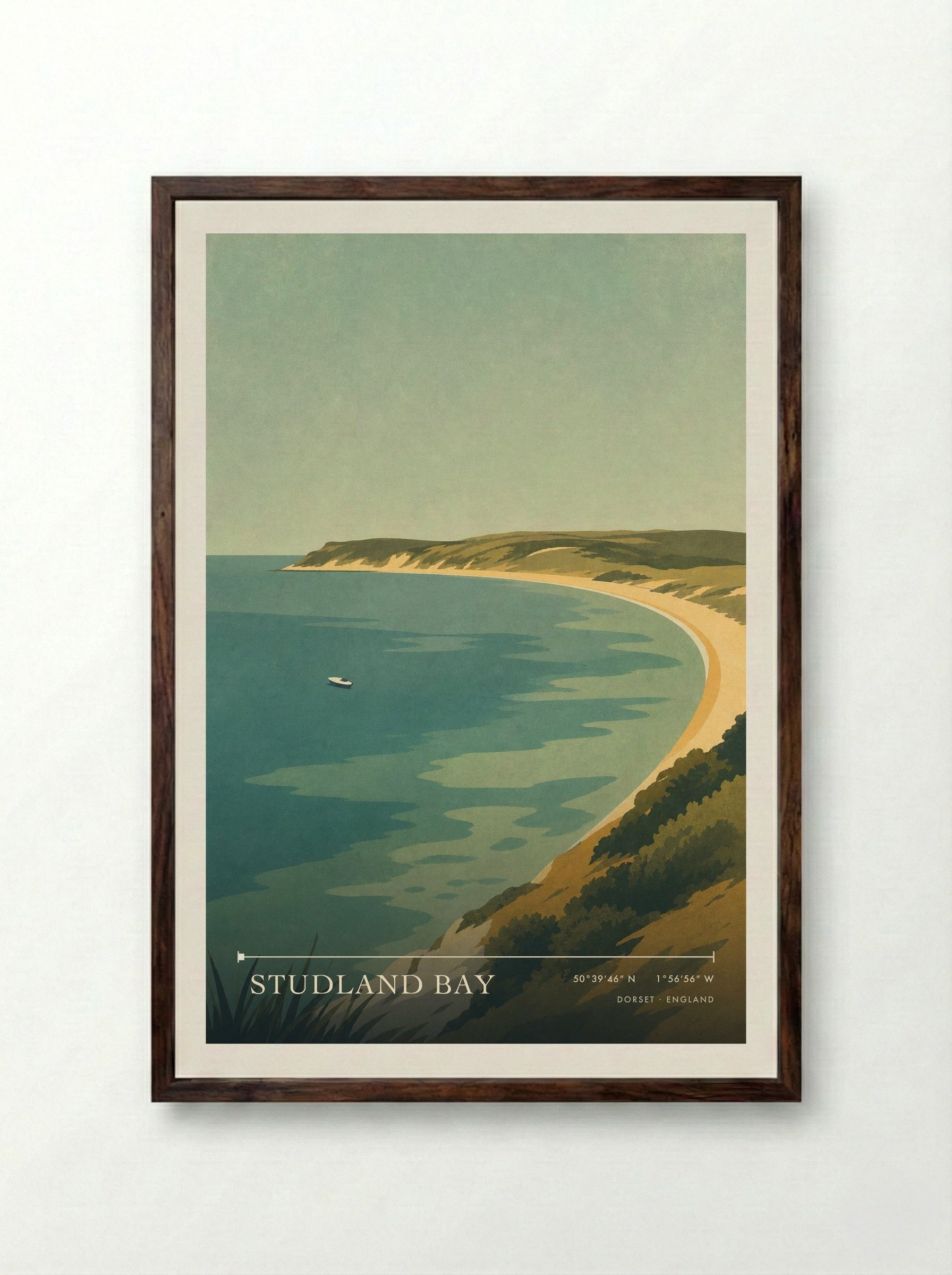 Studland Bay Dorset England Travel Poster - Framed Print Dark Wood