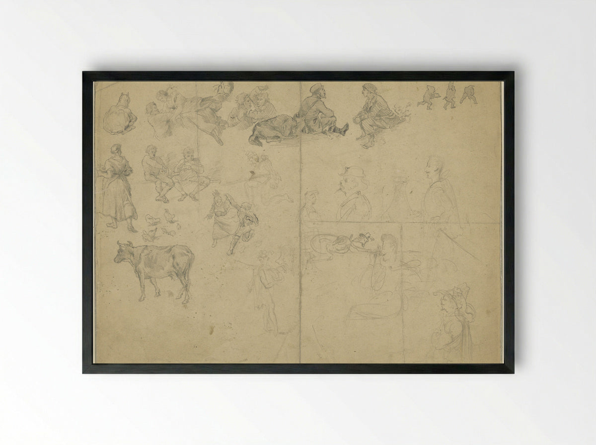 Study Sheet with Figures, Animals, and Fantasy Characters - Ludwig Munthe - Framed Print Black