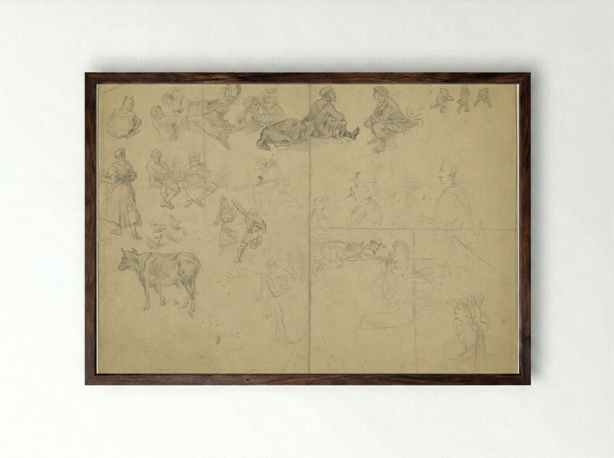 Study Sheet with Figures, Animals, and Fantasy Characters - Ludwig Munthe - Framed Print Dark Wood
