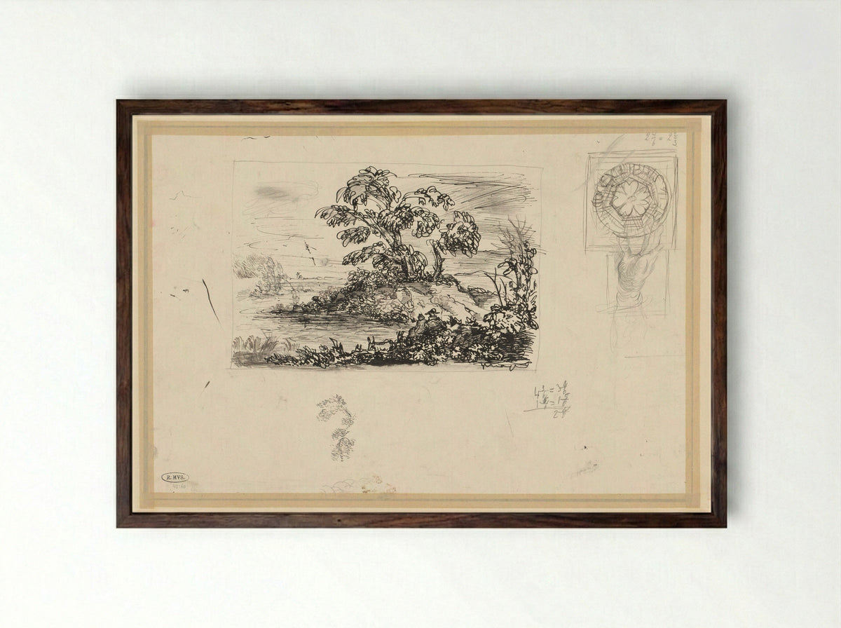 Study Sheet with View and Decorative Motif - Ko Prange - Framed Print Dark Wood