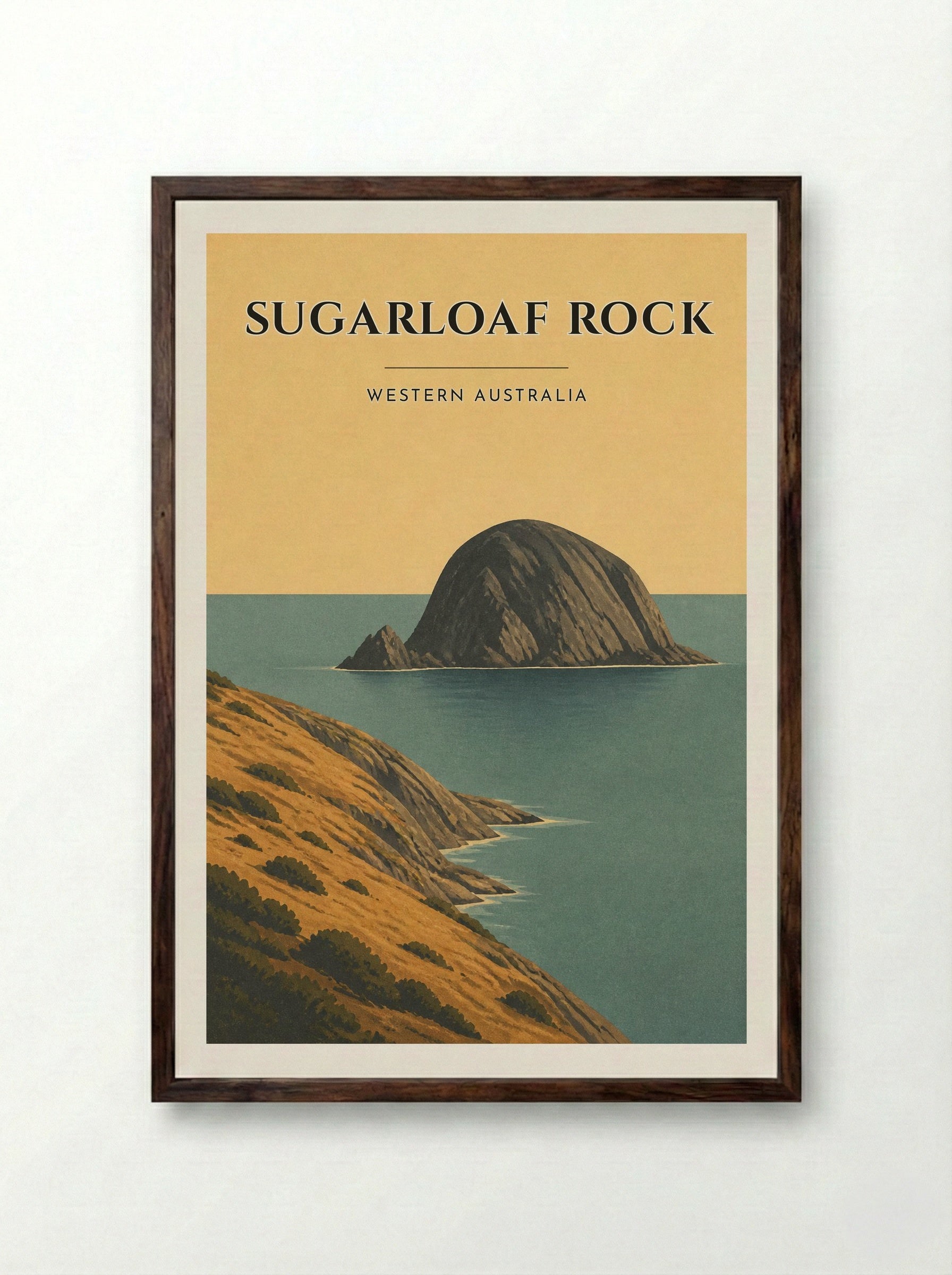 Sugarloaf Rock Travel Poster Artwork - Framed Print Dark Wood