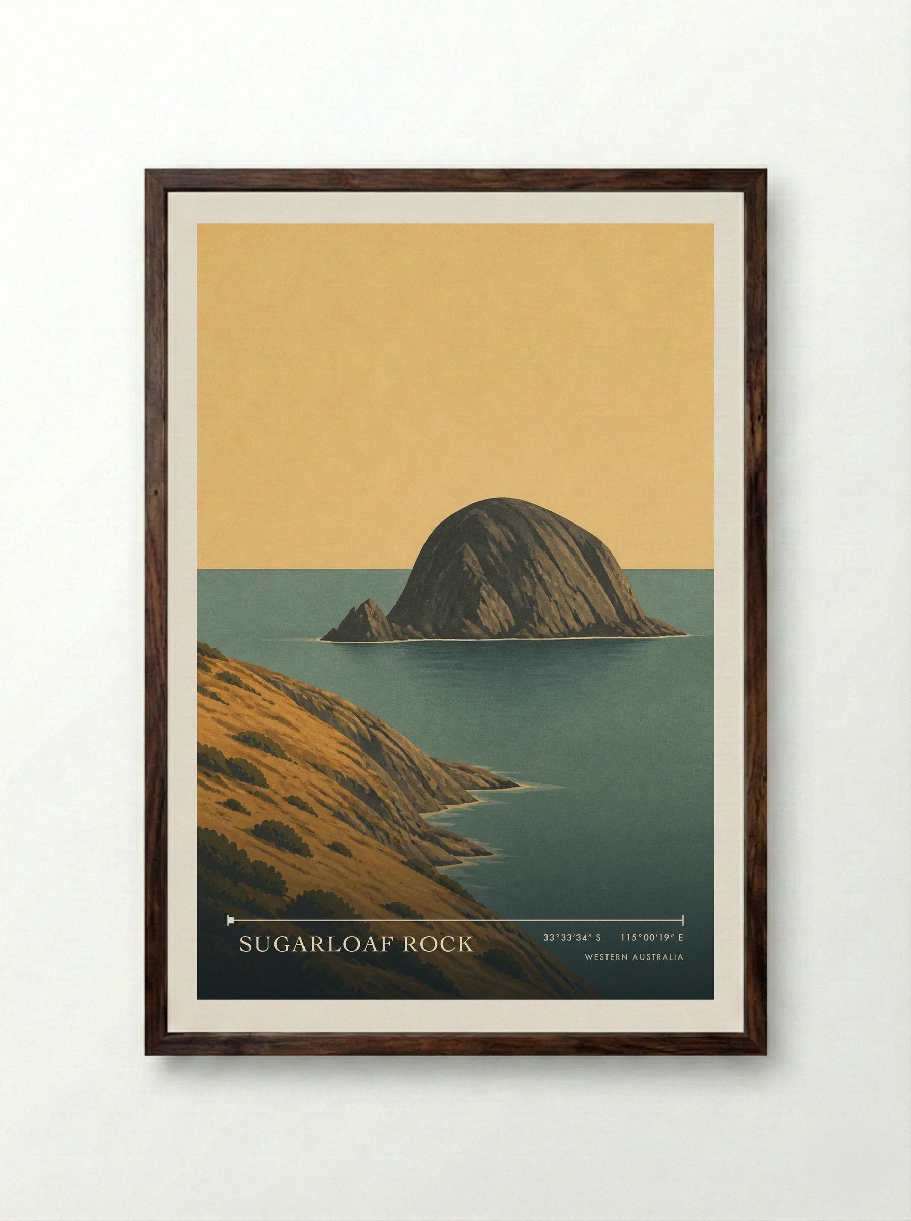 Sugarloaf Rock Travel Poster Artwork - Framed Print Dark Wood