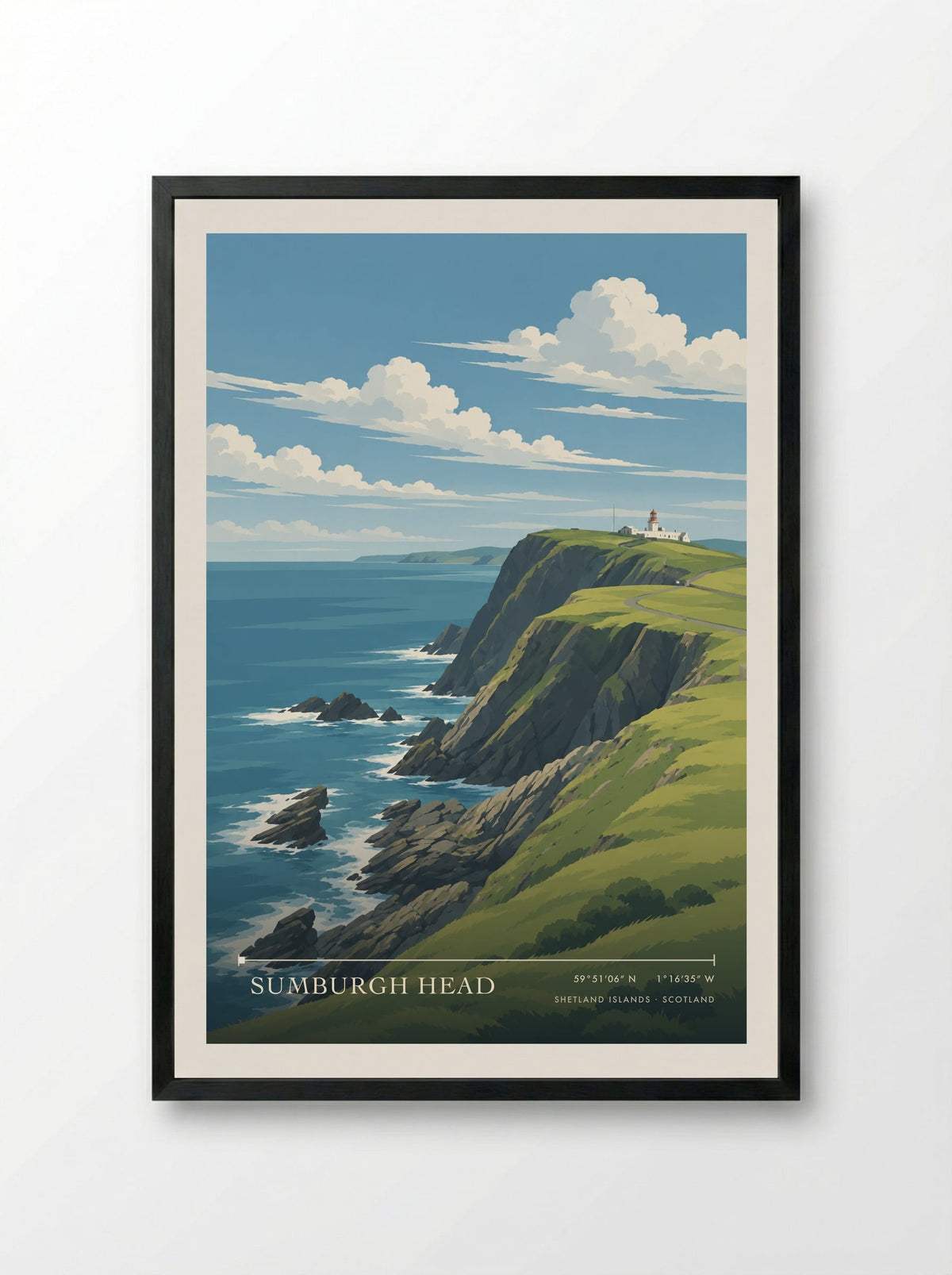 Sumburgh Head, Shetland Islands | Travel Poster - Framed Print Black