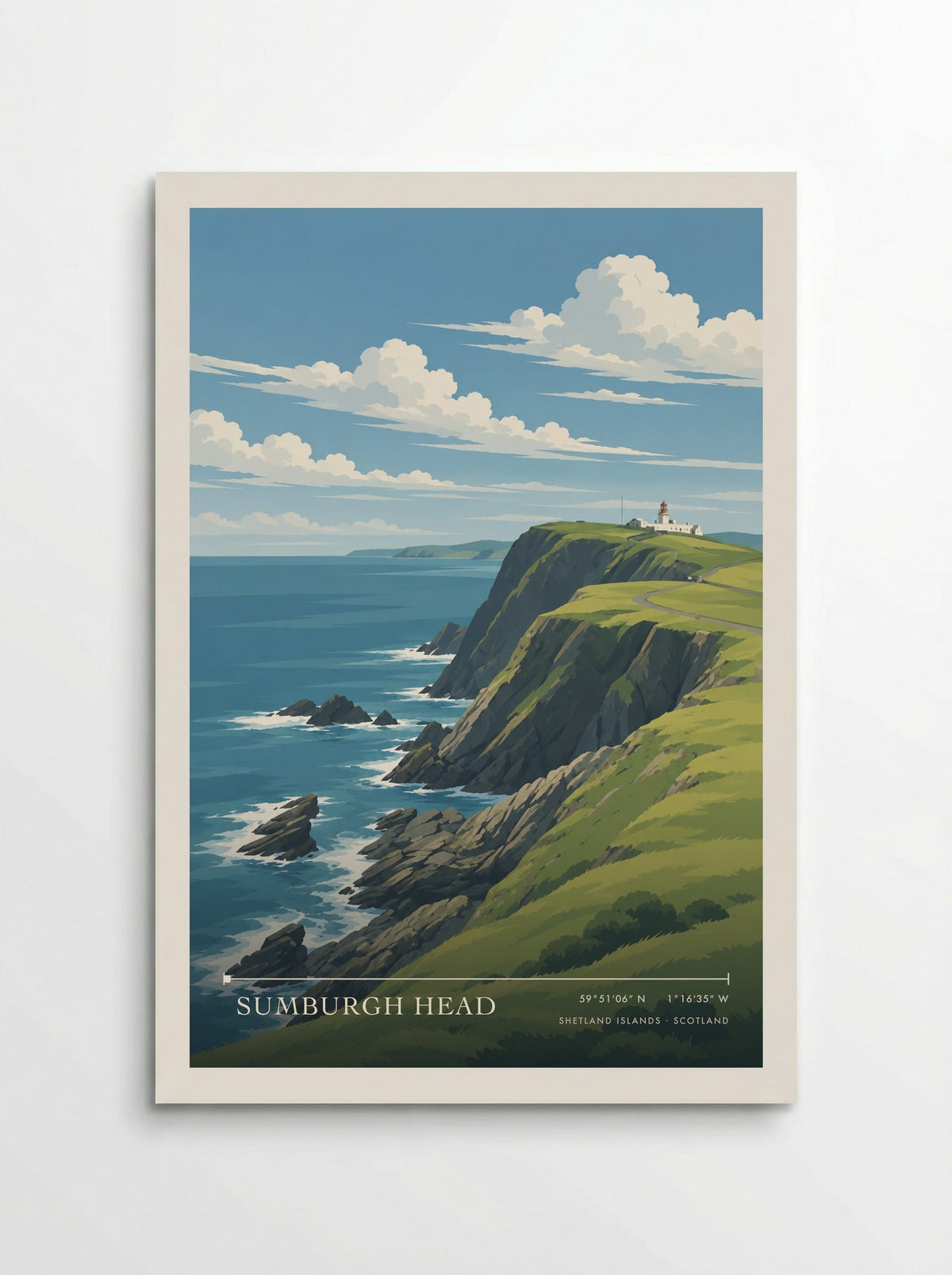 Sumburgh Head, Shetland Islands travel poster: a white lighthouse above steep green-topped cliffs, dark offshore rocks and blue sea beneath bright clouds on 