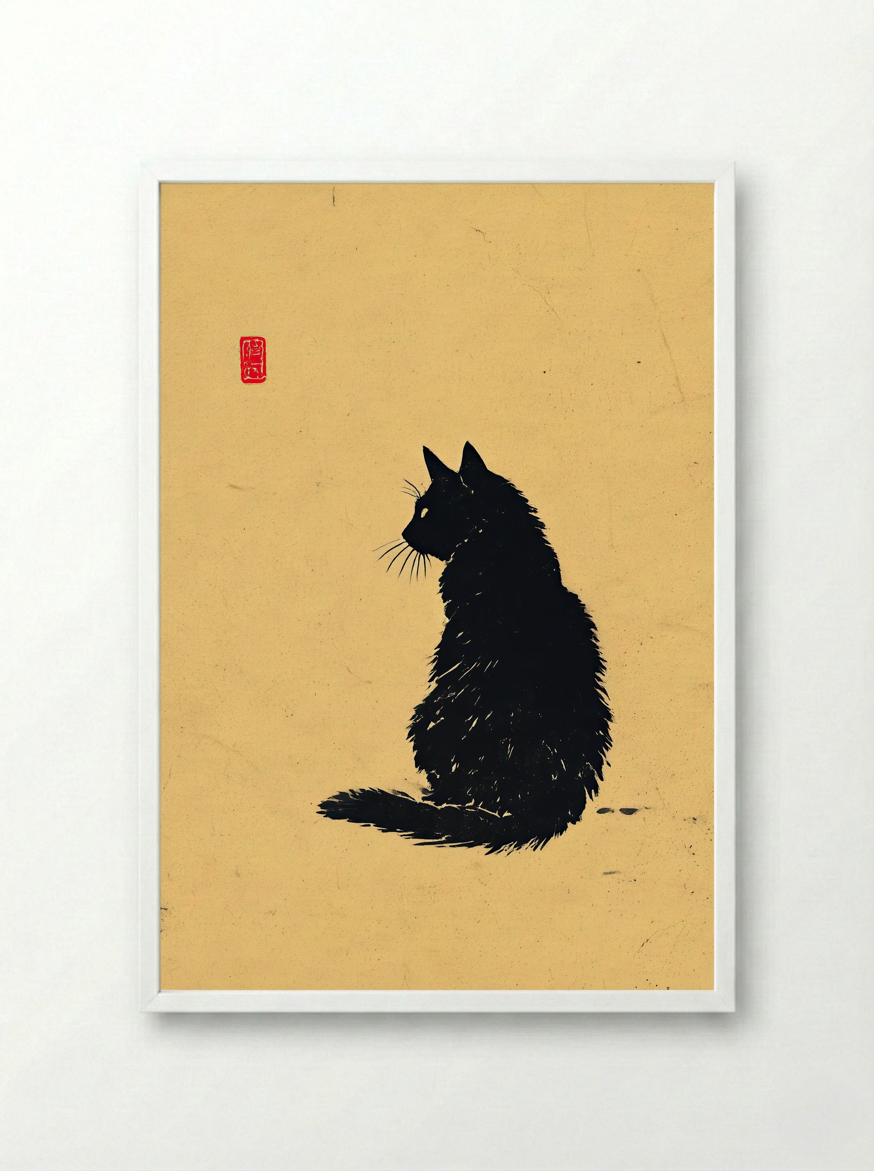Sumi-e Black Cat – Minimalist Japanese Ink Art Print - Framed Print White