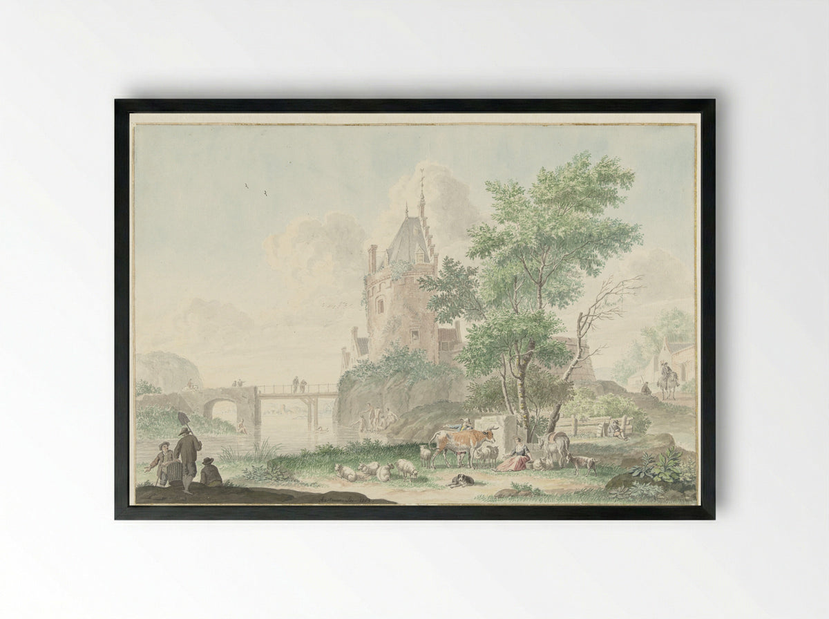Summer Landscape with Figures and Cattle - Nicolaes Aartman - Framed Print Black