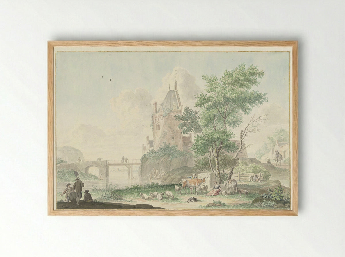 Summer Landscape with Figures and Cattle - Nicolaes Aartman - Framed Print Wood
