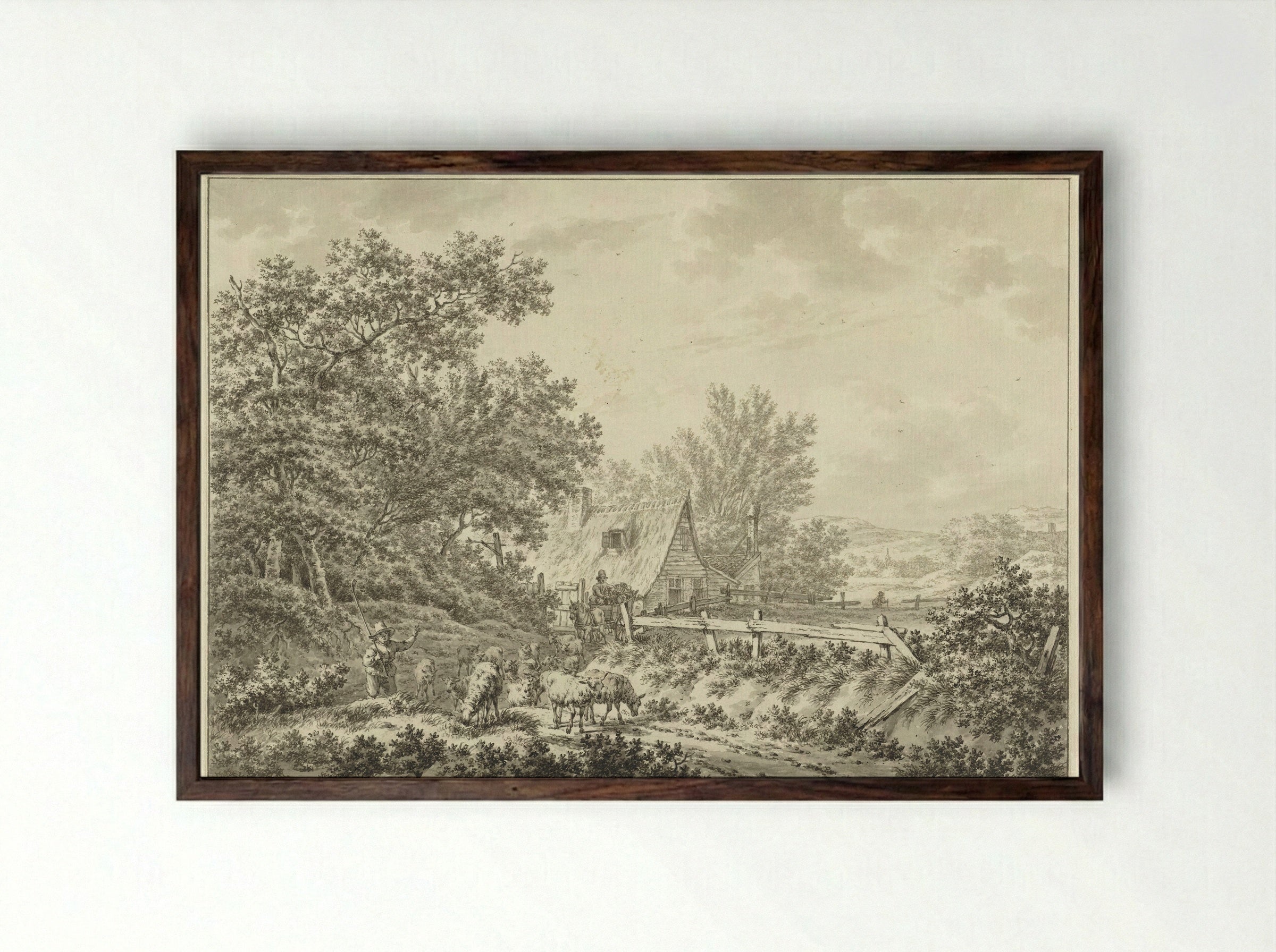 Summer Landscape with Shepherd near a Farmhouse - Jacob Cats - Framed Print Dark Wood