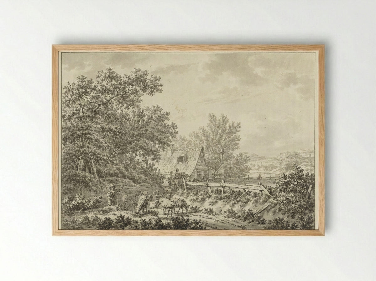 Summer Landscape with Shepherd near a Farmhouse - Jacob Cats - Framed Print Wood