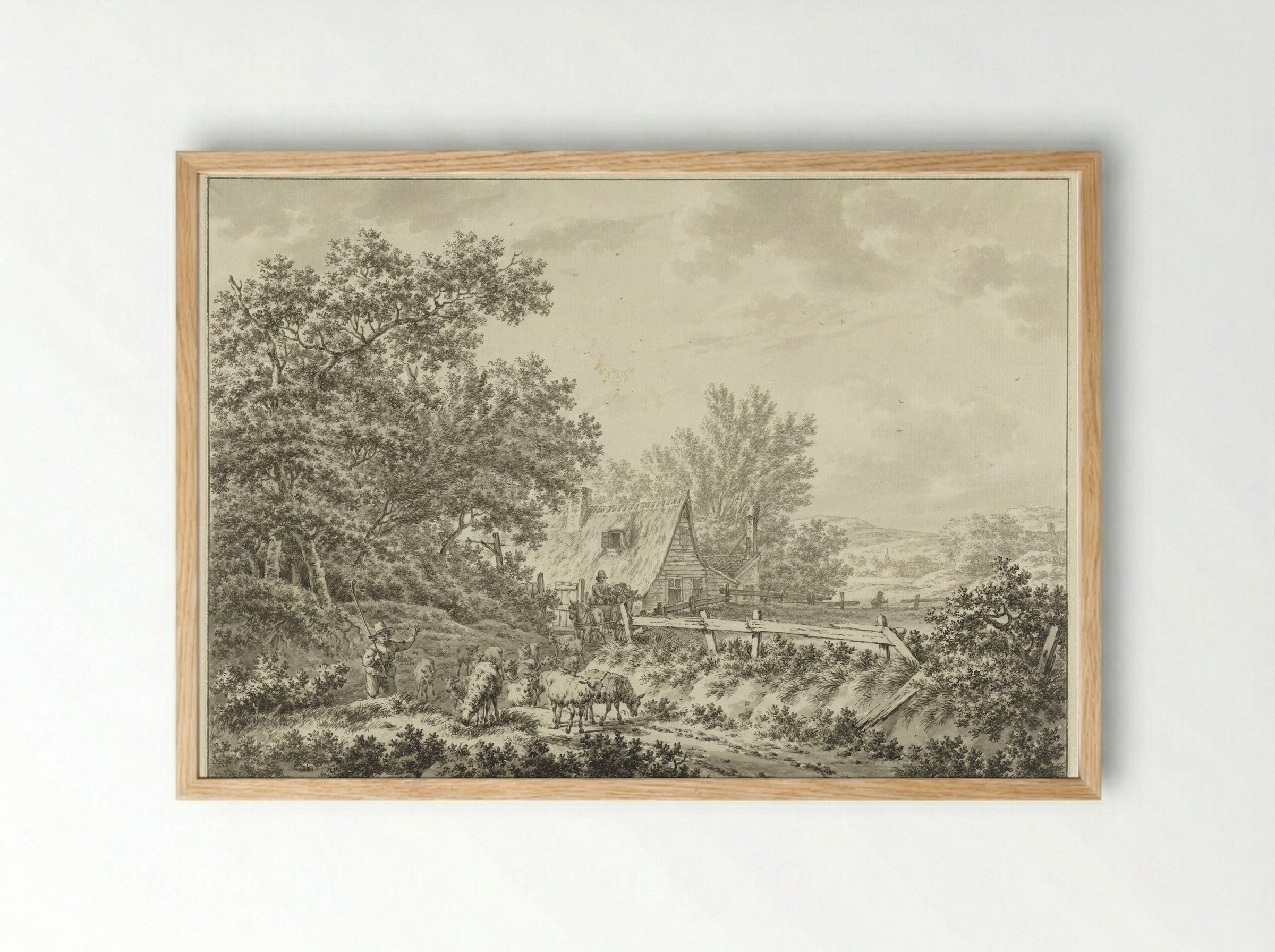 Summer Landscape with Shepherd near a Farmhouse - Jacob Cats - Framed Print Wood