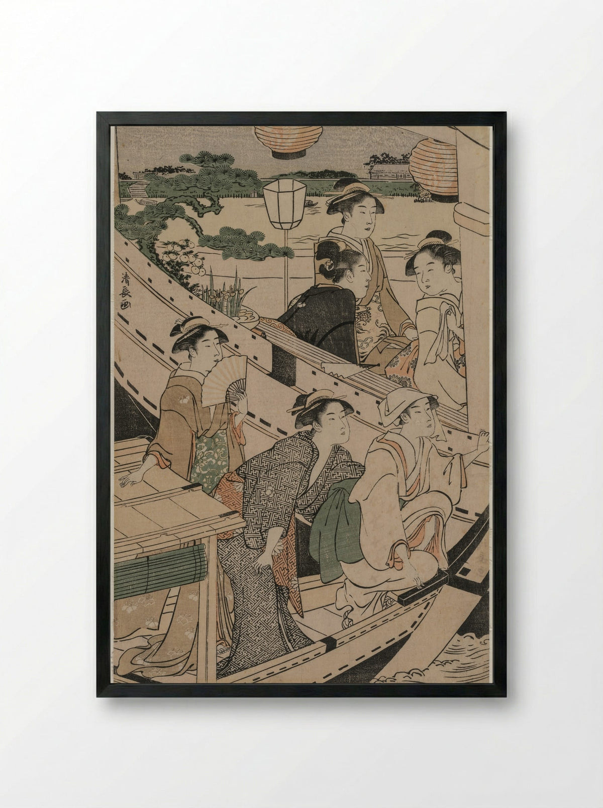 Summer Twilight on the Banks of the Sumida River - Torii Kiyonaga - Framed Print Black