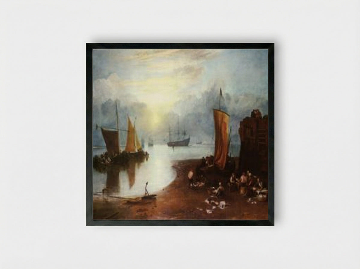Sun Rising through Vapour: Fishermen Cleaning and Selling Fish - J.M.W. Turner - Framed Print Black